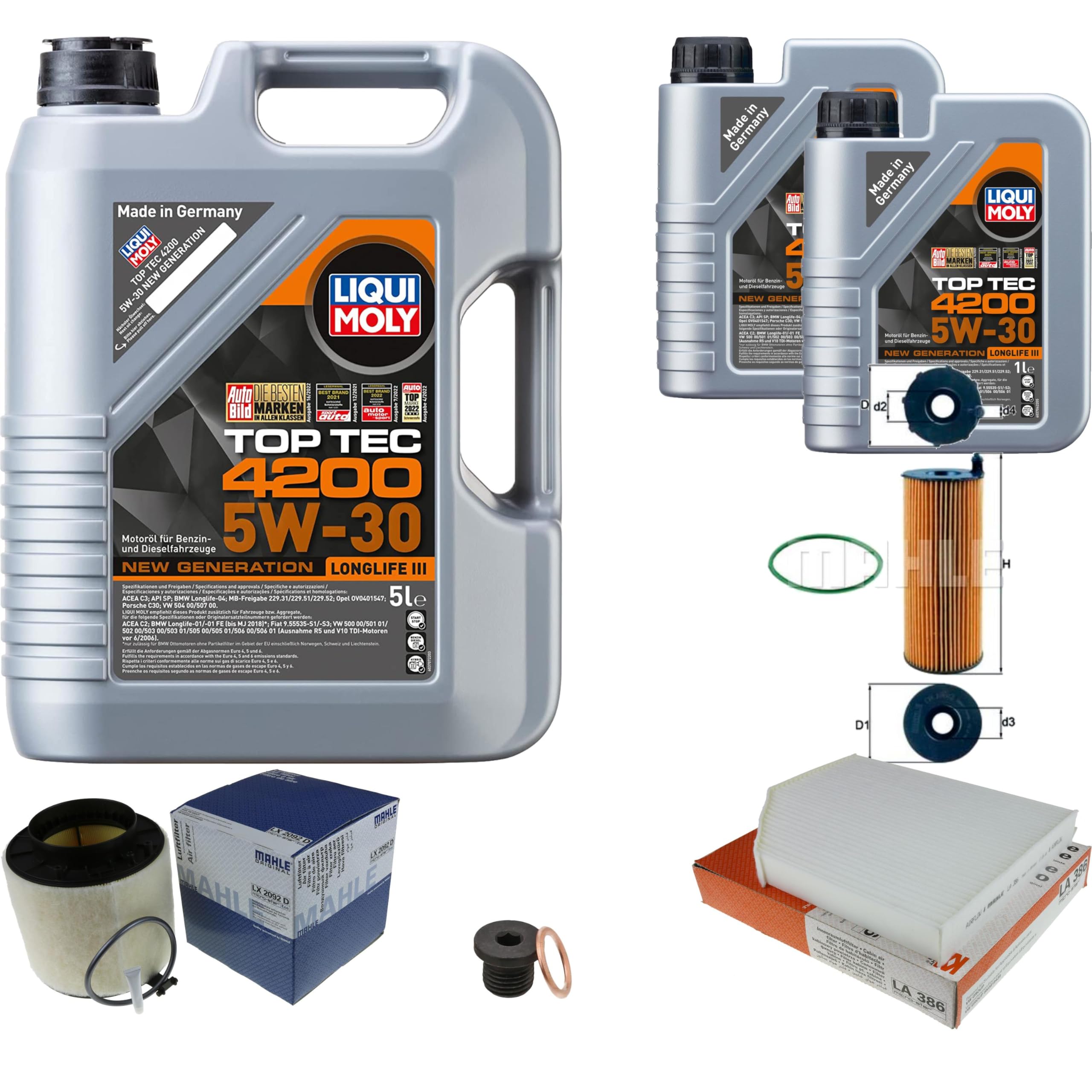 Inspektionspaket enthält 7 Liter Motoröl Top Tec 4200 5W-30 Ölfilter Luftfilter Innenraumfilter Verschlussschraube kompatibel mit A4 8K2 B8 2.7 TDI 3.0 A5 Cabriolet 8F7 8KH Q5 8RB 8R