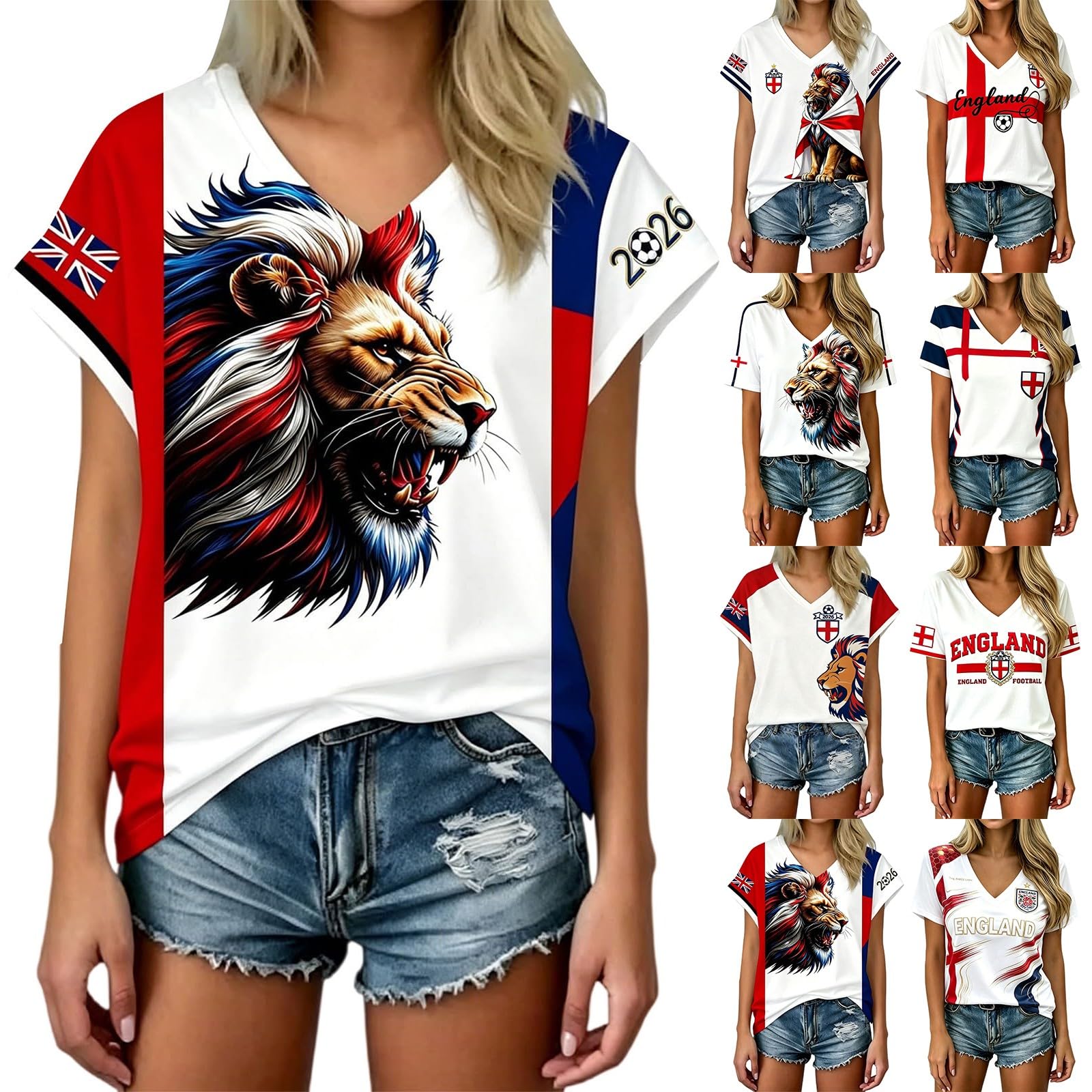 Retro England Football Shirt 2026 World Cup Jersey Tops for Women Ladies England T Shirt Womens Football Top V Neck Lightweight Breathable Classic Soccer T-Shirts Training for Summer Sport Fans Shirts