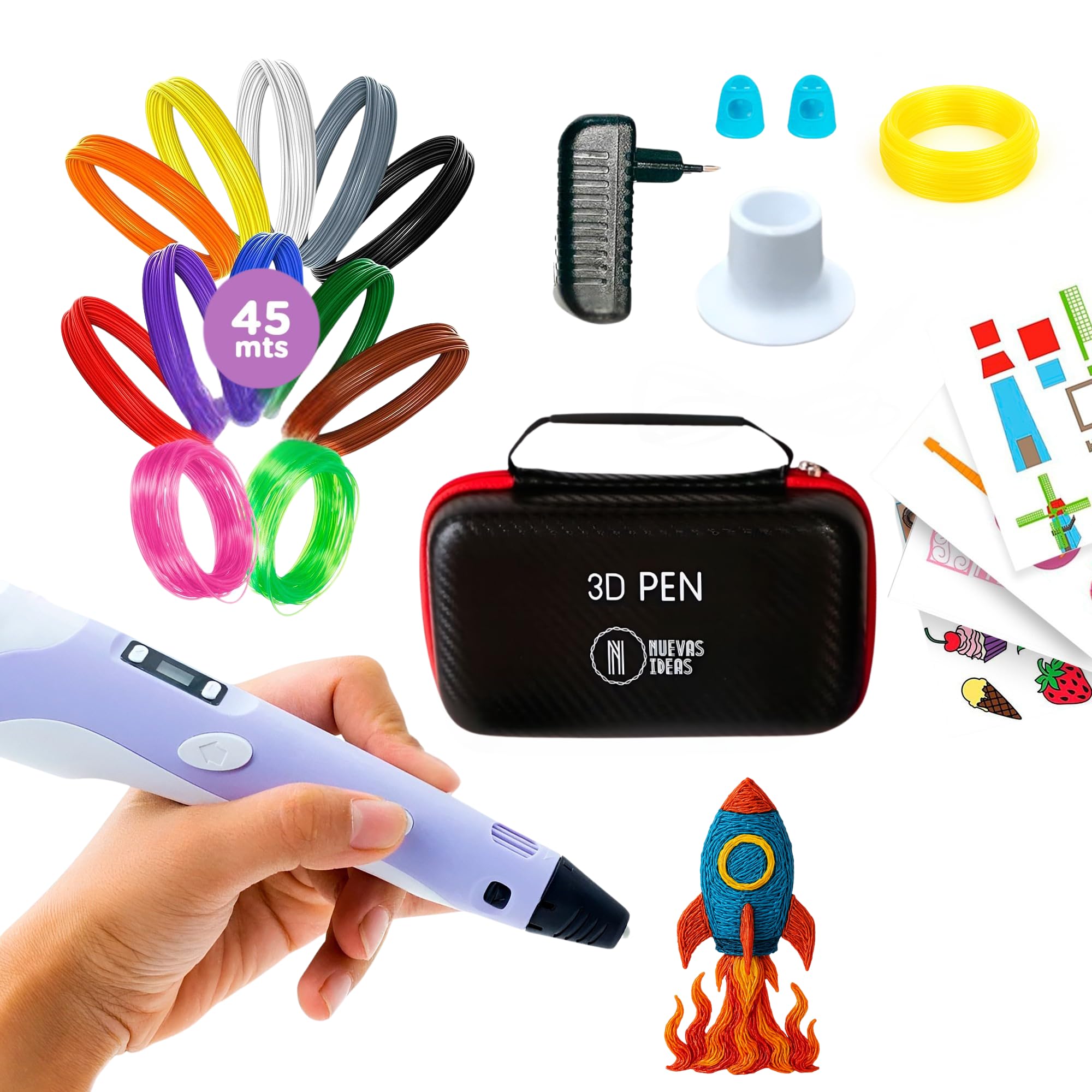 Precision 3D Pen – 3D Pen with 45 m PLA Filament (15 Colours) 3 Fluorescent | 3D Pen with Adjustable Speed for 3D Modelling, Prototyping and DIY with Carry Bag