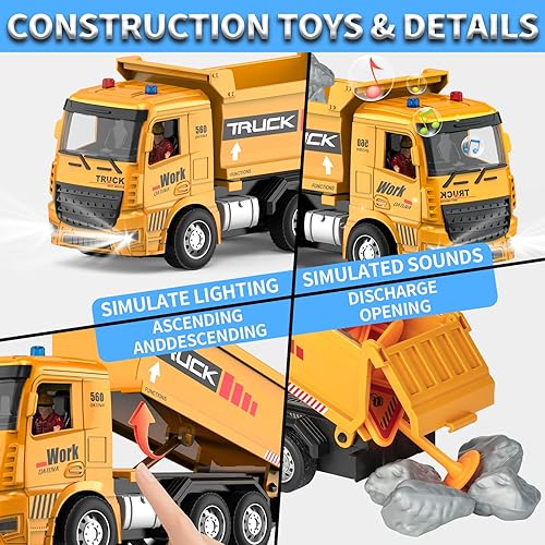 Vista 5 de Remote Control Excavator and Dump Truck Toy Set - RC Construction Vehicles Toy with Barricades, Road Signs, Simulated Rocks, Lights and Sounds