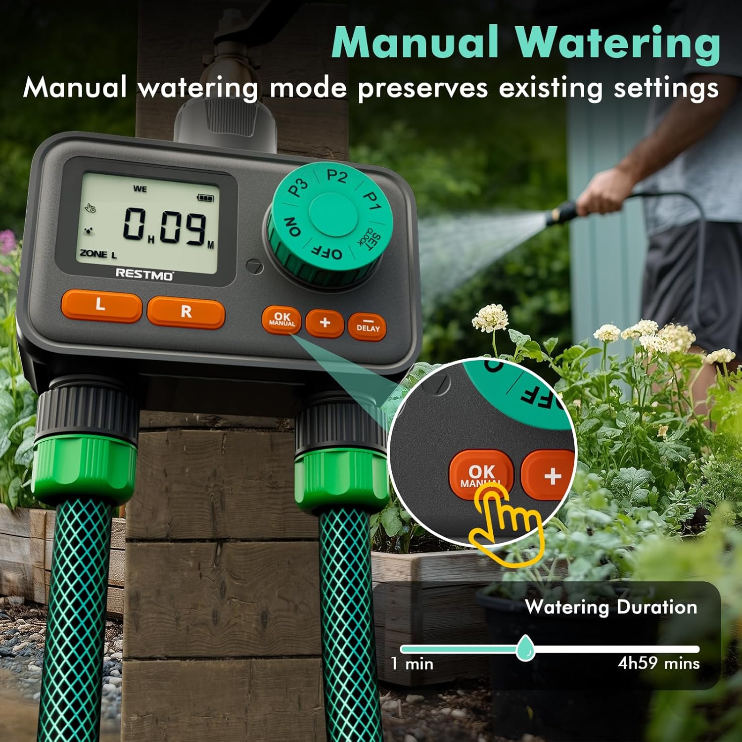 RESTMO 2-Pack Sprinkler Bundle: Dual Zone Week Program Water Timer & Gear Drive Sprinklers for Efficient Lawn & Garden Irrigation