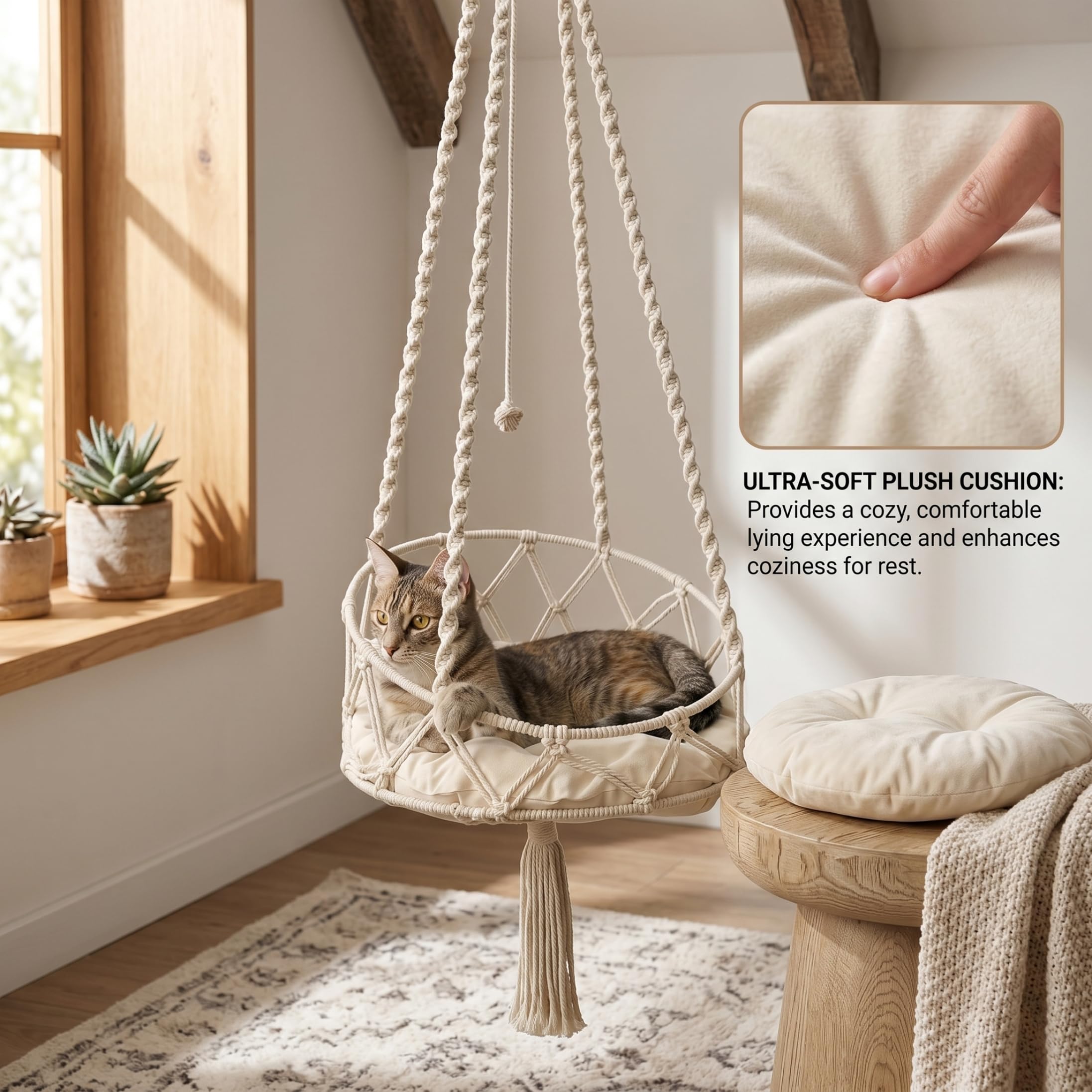 Hängendes Katzenbett, hängende Katzenhängematte, handgewebte Schaukel mit weichem Kissen und Bommel für drinnen und draußen, weiß, Hängematte für Fenster