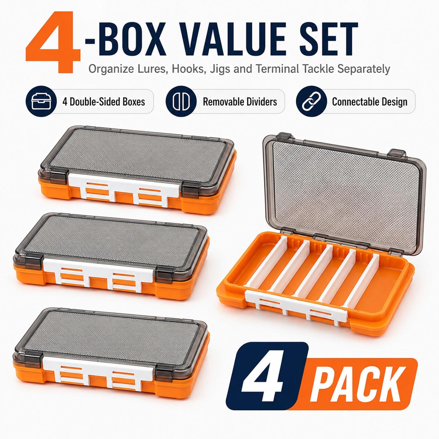 4-Pack Connectable Double-Sided Fishing Tackle Boxes with Removable Dividers, Clear Modular Fishing Lure Organizers, Water-Resistant Bait Storage Cases for Jigs, Hooks, and Terminal Tackle
