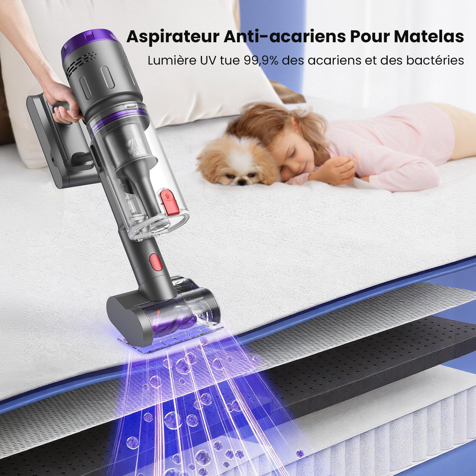 Aspirateur Balai sans Fil 600W/58000Pa/75min, Aspirateur sans Fil Puissant avec Mini Brosse Turbo Anti-Acariens, Tube Pliabl, Brosse Anti-emmêlement, pour Tapis, Sols Durs, Poils d'animaux