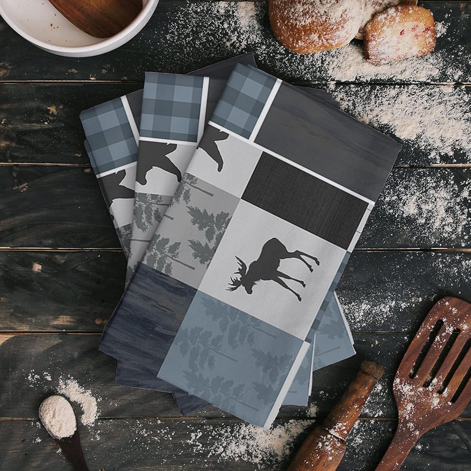 Bear Moose Kitchen Towels 4 Pack, Cabin Dish Towels for Kitchen, Retro Forest Rustic Animal Absorbent Microfiber Hand Towels for Bathroom, Blue Plaid Soft Tea Towels Bar Towels, 18 x 28 Inch