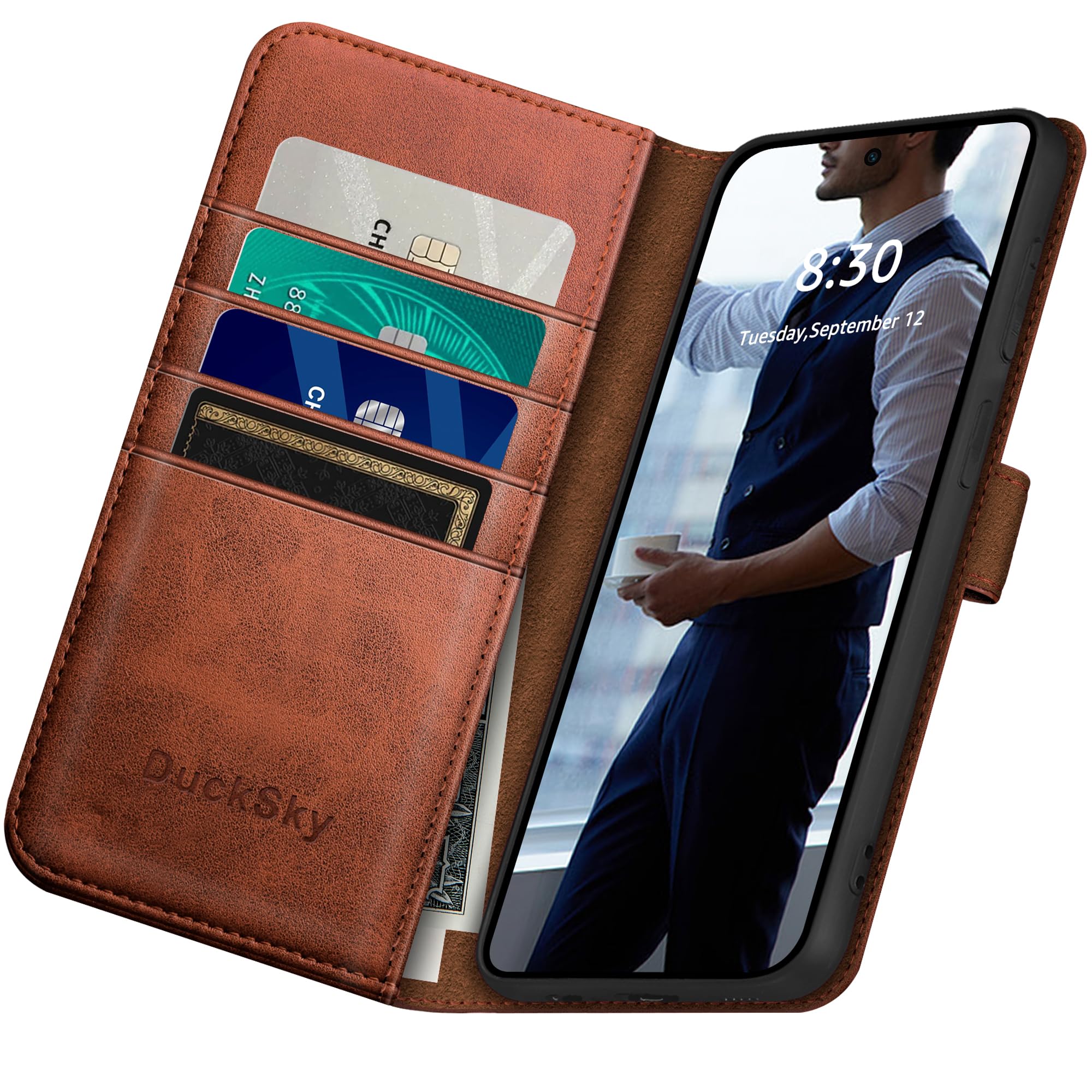 Compatible with Google Pixel 10 Pro XL 6.8" Genuine Leather Wallet case【RFID Blocking】【4 Credit Card Holder】【Real Leather】 Flip Phone case Cover Women Men for Pixel 10 Pro XL case Light Brown