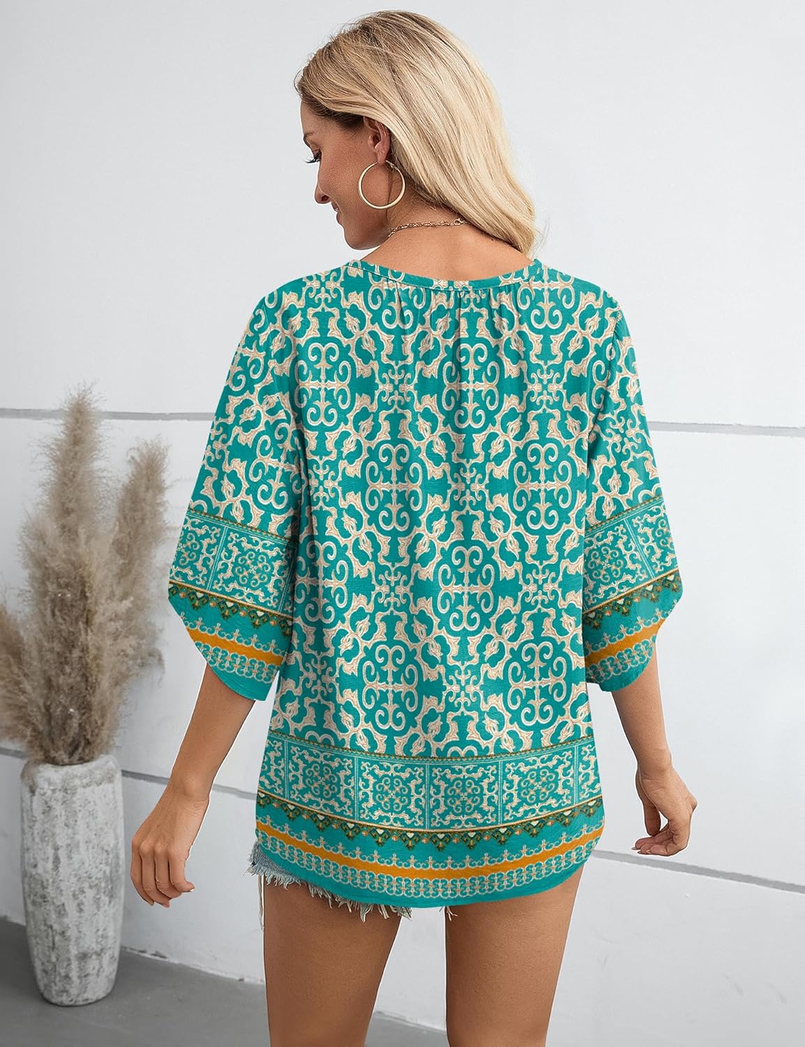 LOMON Women's 3/4 Length Sleeve Boho Tops V Neck Casual Vacation Clothes Loose Fit Tunic Shirts S-3XL - Image 5