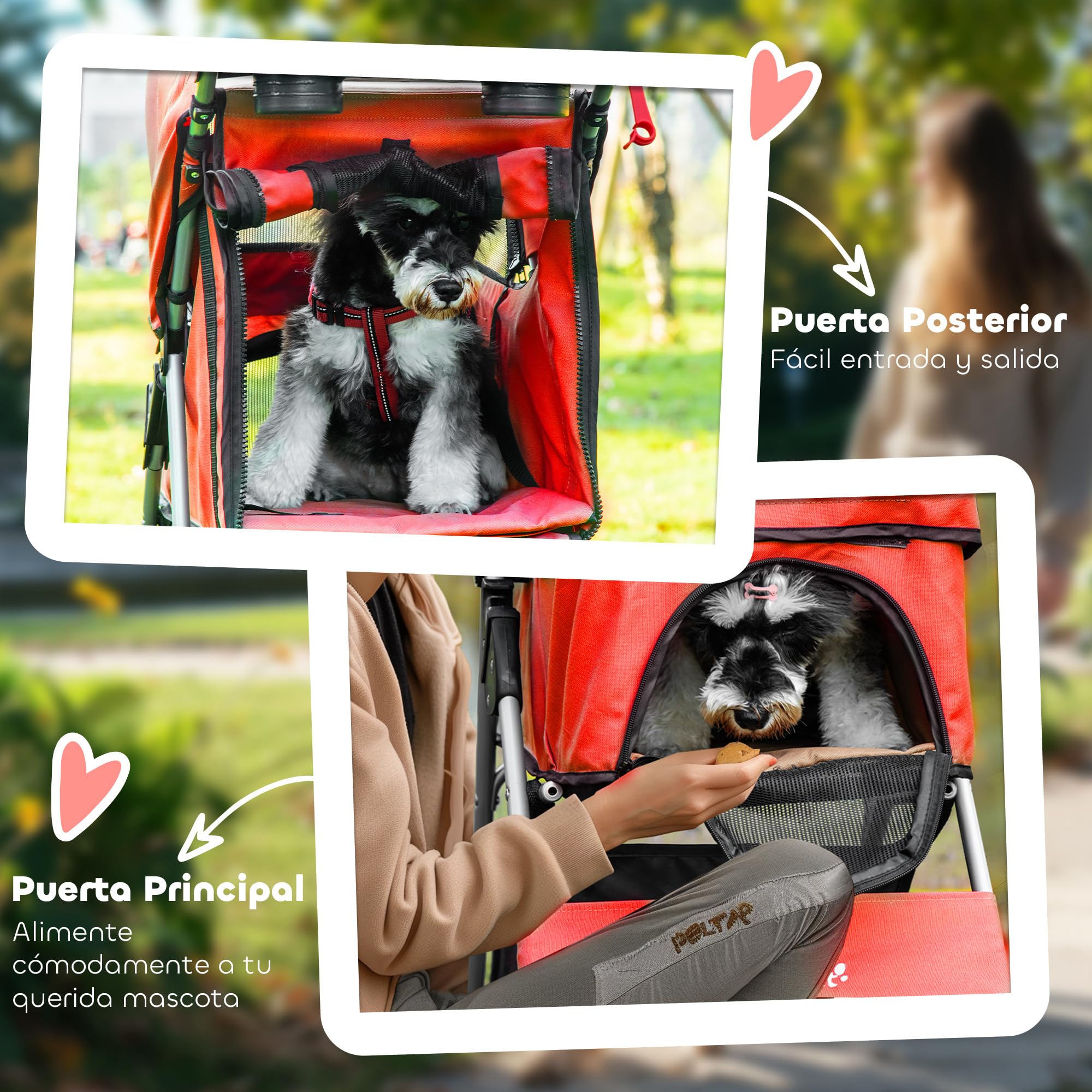 PawHut Carrito para Perros Plegable Cochecito para Mascotas Carrito para Perros Pequeños con Toldo Ajustable Cesta de Almacenaje 2 Ruedas Universales Carga 15 kg 77x45x99,5 cm Rojo