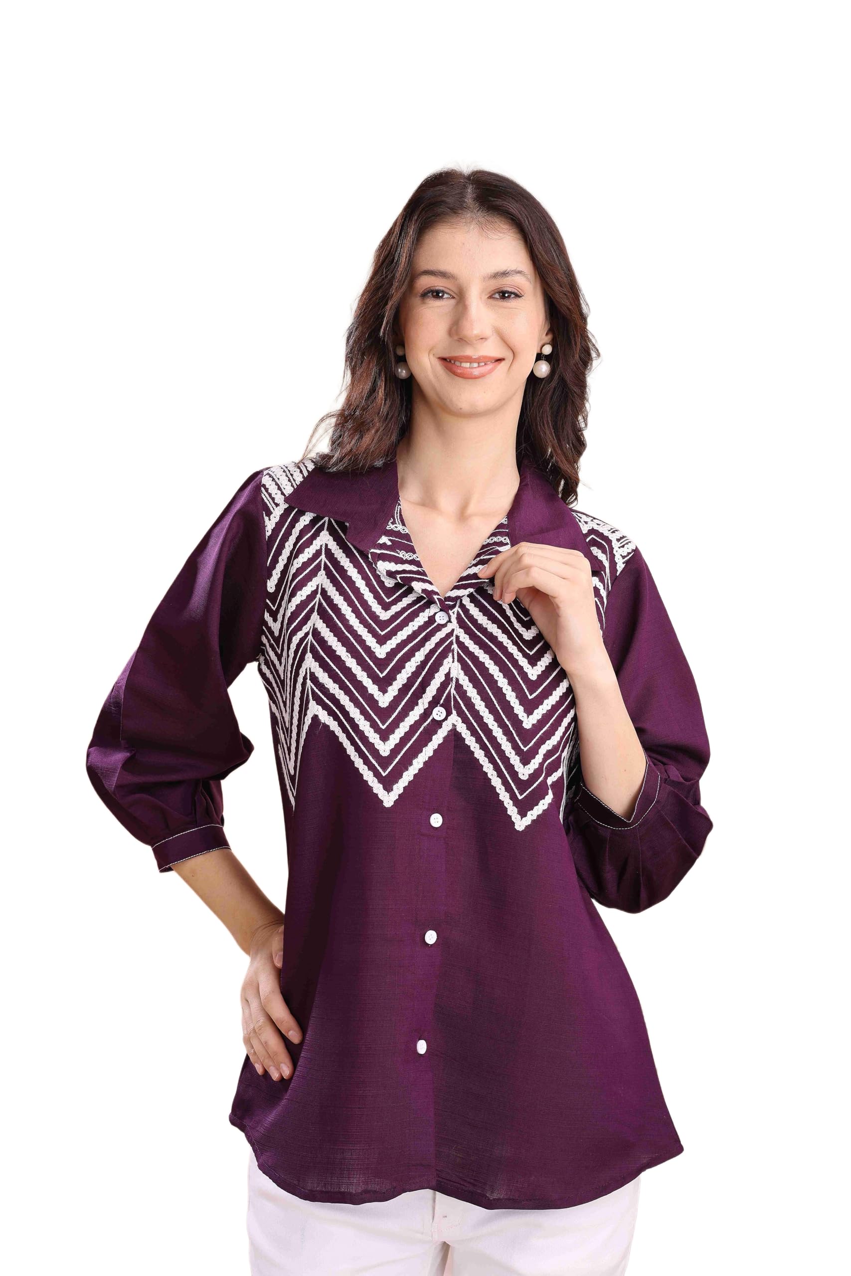 dharm house Women's Cotton Blend Embroidered Shirt | Casual Relaxed Fit Spread Collar Shirt-picture-56