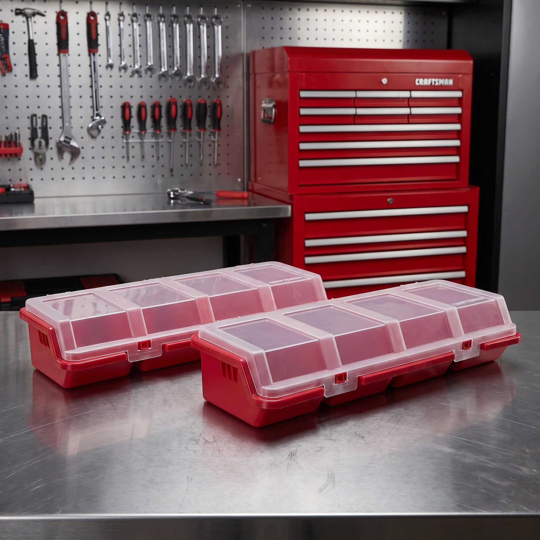 Set di 4 organizer per piccoli componenti - Valigetta portatile per riporre ferramenta con 4 divisori, coperchio trasparente e cassetta degli attrezzi per viti, bulloni, chiodi, elementi di