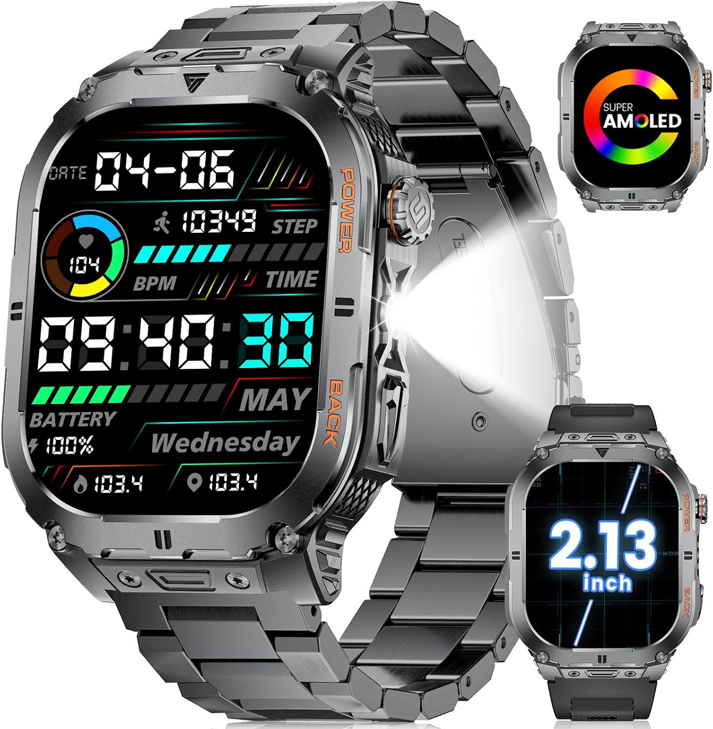 Smart Watch Men 2.13″ AMOLED Square Touchscreen for Android iOS Men’s Smartwatch Bluetooth Phone Call,Flashlight,450 mAh Battery,100+ Sport Modes,Heart Rate/SpO2/Blood Pressure/Sleep Tracker,Black