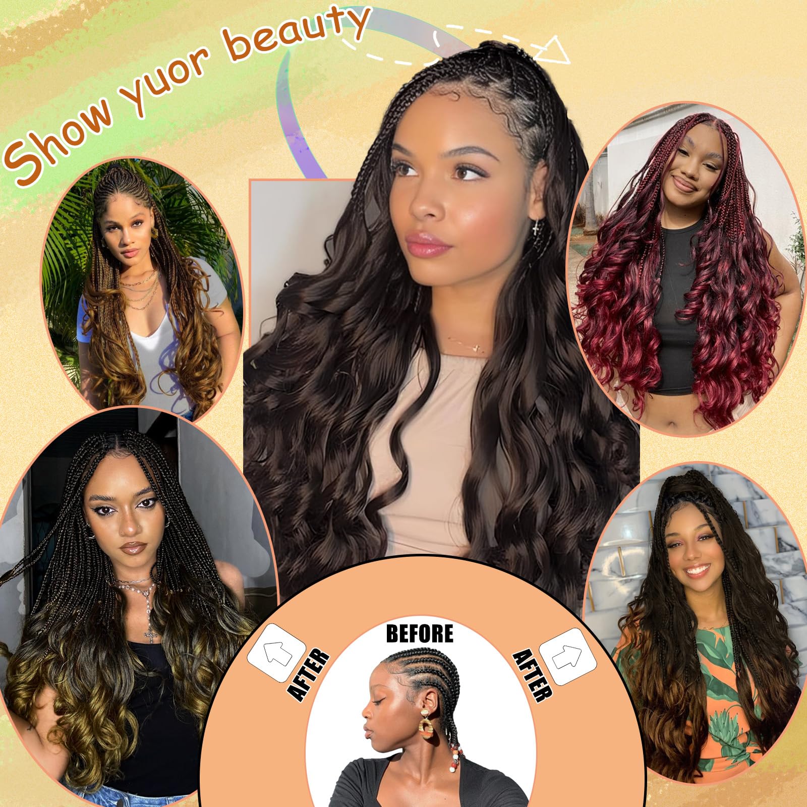 Enbeautiful French Curl Braiding Hair 24 Inch 8 Packs Pre Stretched French Curly Braids Loose Wavy Synthetic Curls Crochet Hair for Women with Curly Ends (24Inch,1B,8Packs)