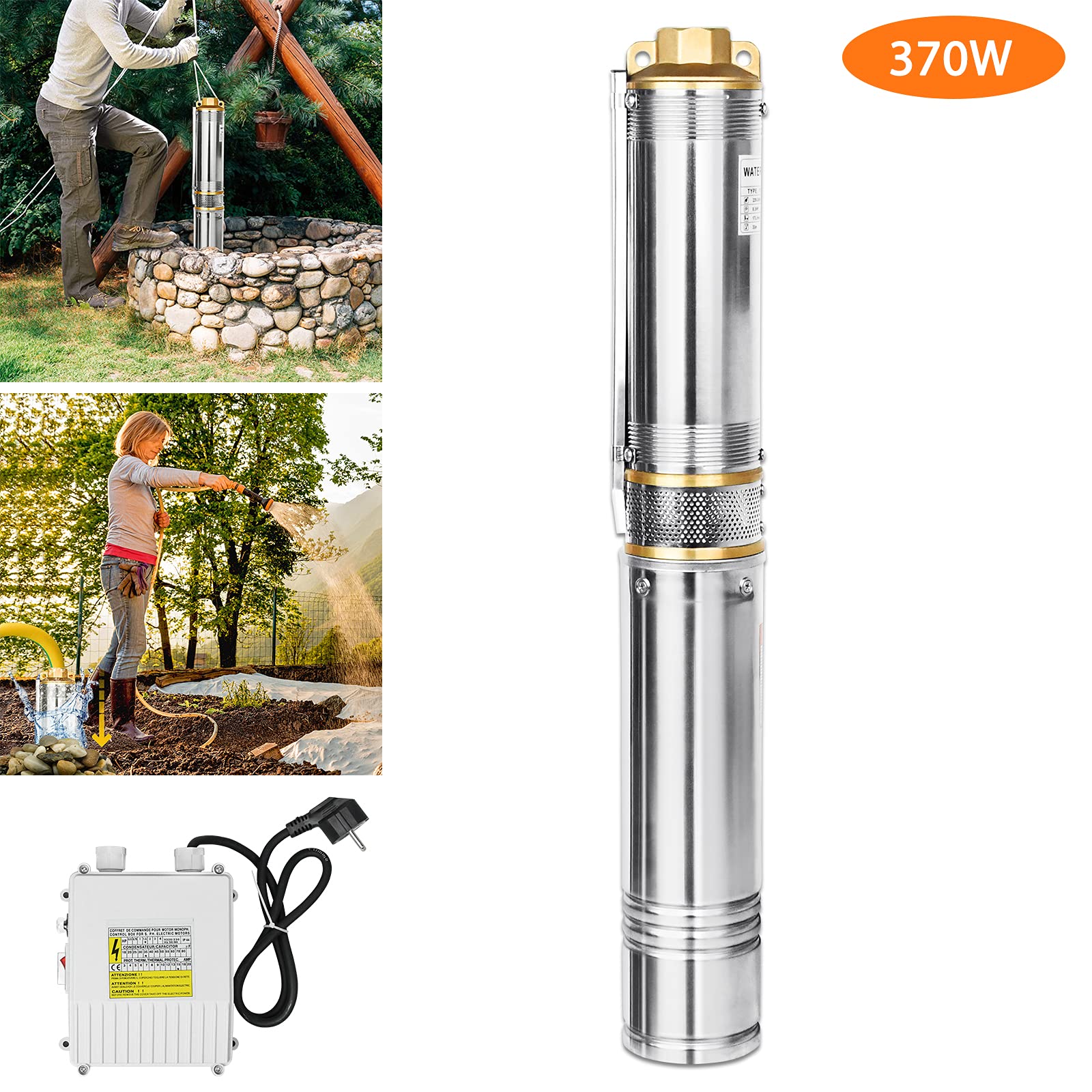 Froadp 4 pulgadas Bomba de Pozo Sumergible de Acero Inoxidable, 220V Bomba Eléctrica con 20m Conexión Cable y Caja de Control, 4000L/h Bombas Sumergibles para Fuentes Bodegas Estanques Jardín (370W)