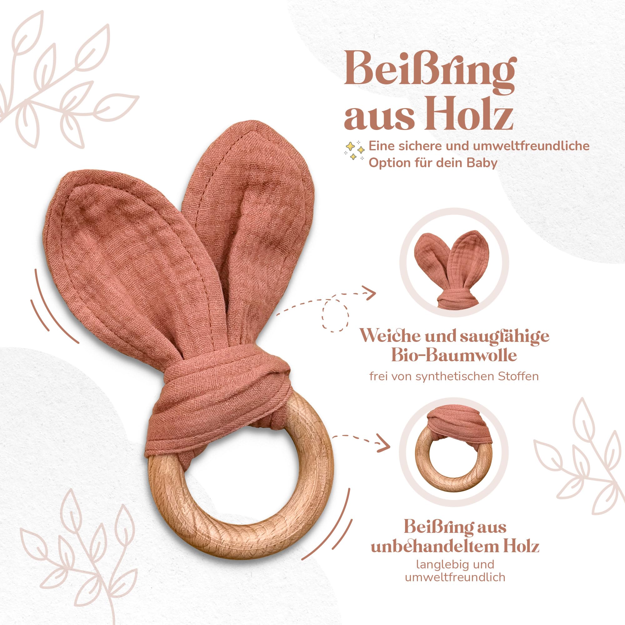 Mikito Baby Geschenk Set für Junge & Mädchen - Musselin Schnuffeltuch, Beißring, Lätzchen, Baby Holzschild - Zur Geburt