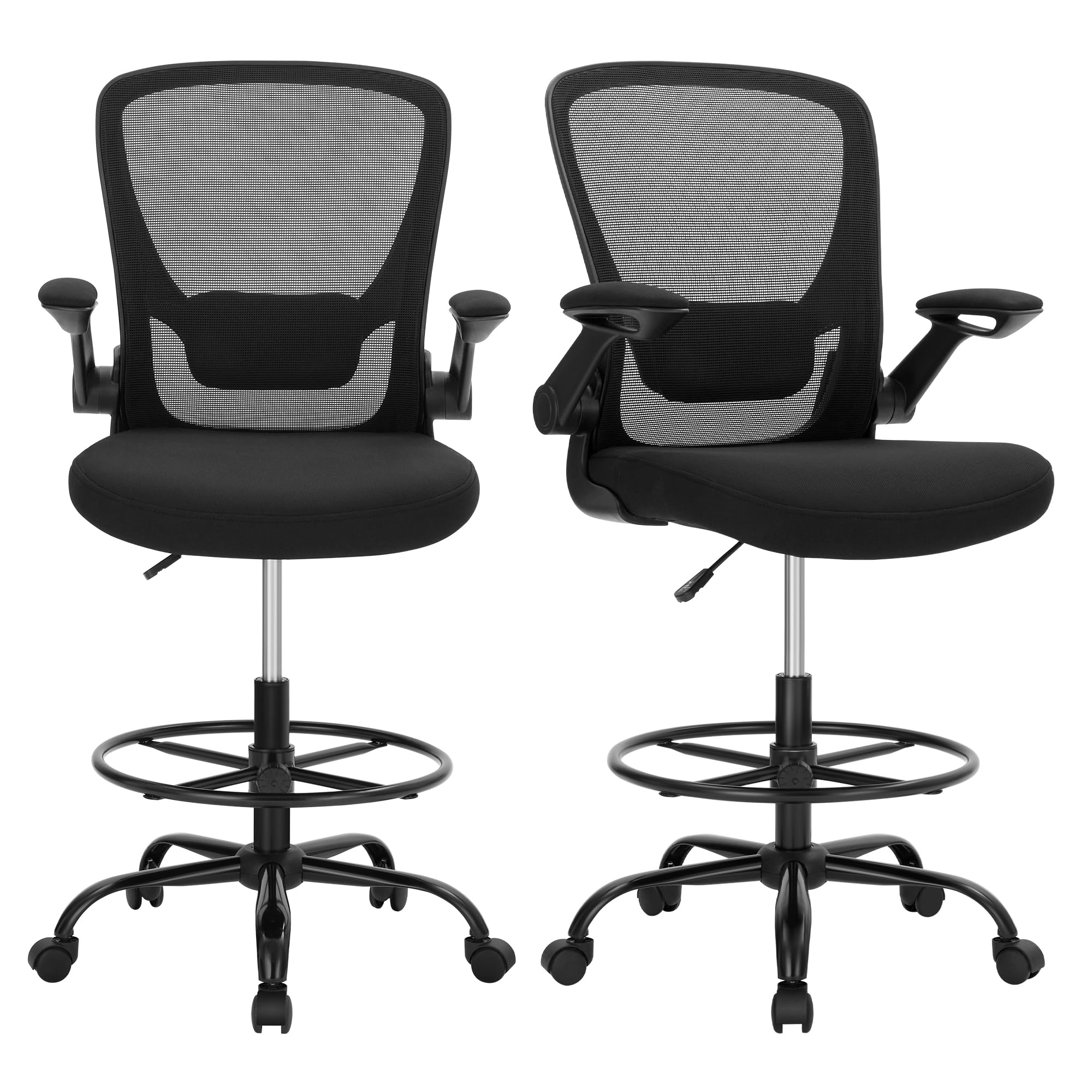 SONGMICS Drafting Chairs with Flip-up Armrests, Set of 2 mesh Office Chairs, Ergonomic Painting Chairs with Height Adjustable Lumbar Support and Footrest, for Standing Desk, Black OBN026B02-2