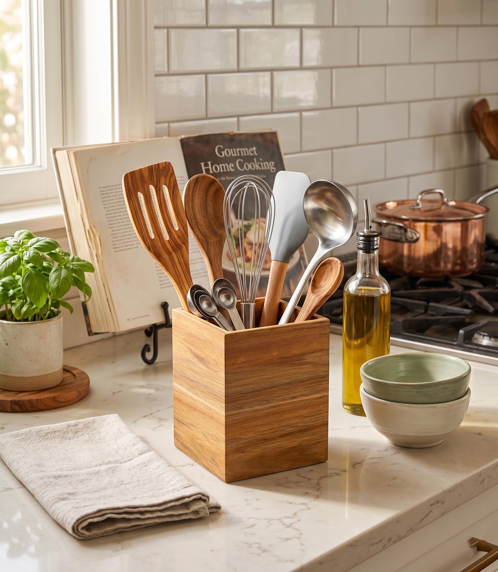 Porta posate in legno per utensili da cucina rustici, cucchiaio da coltello, spatola, cucchiaio per fessura, baguettes.Range coperto verticale, organizzatore di supporto per cucina,