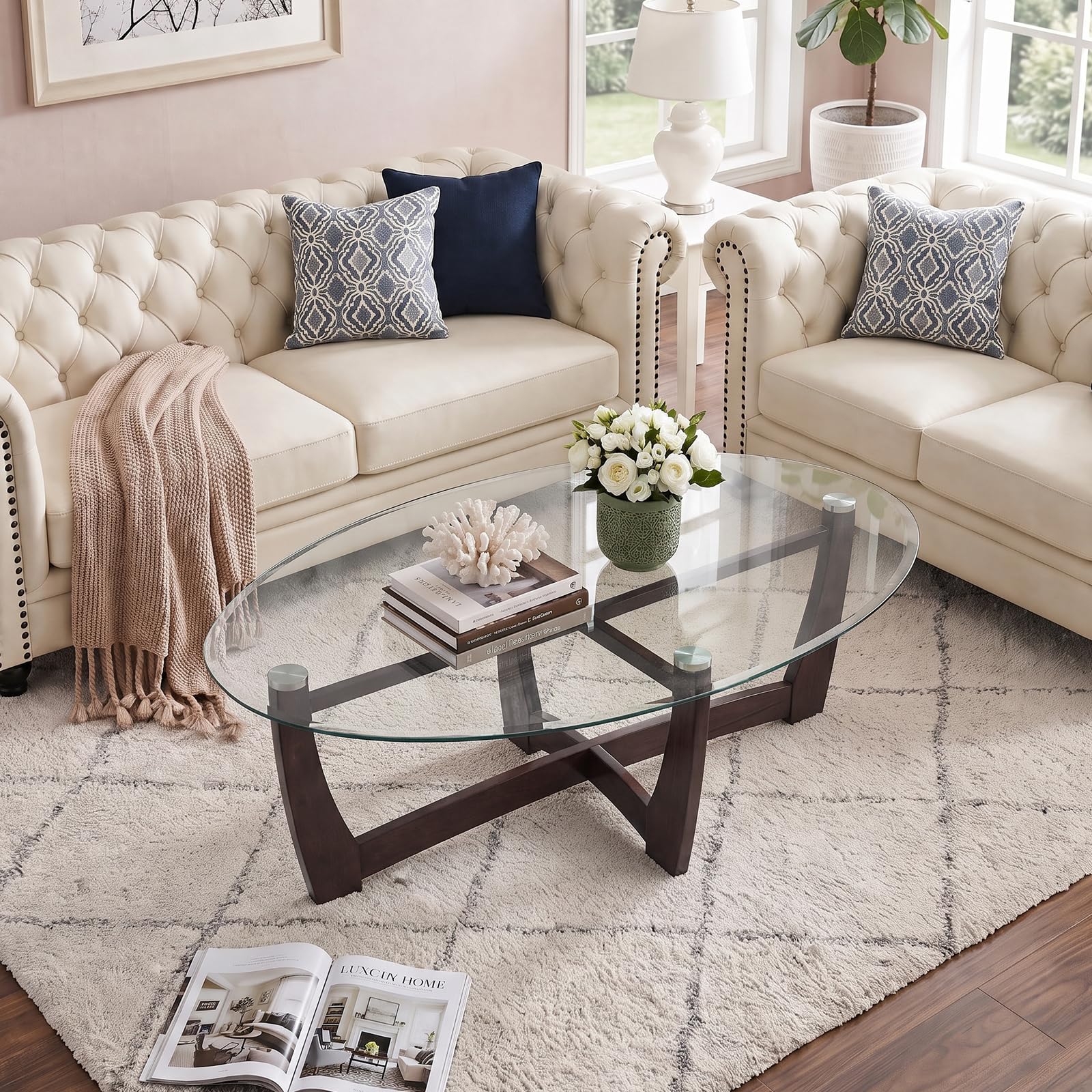 Best Oval Glass Coffee Table Picks for 2026 1 LKTART 48' Oval Glass Coffee Table with Tempered Glass Top Cross and Solid Wood — product photo