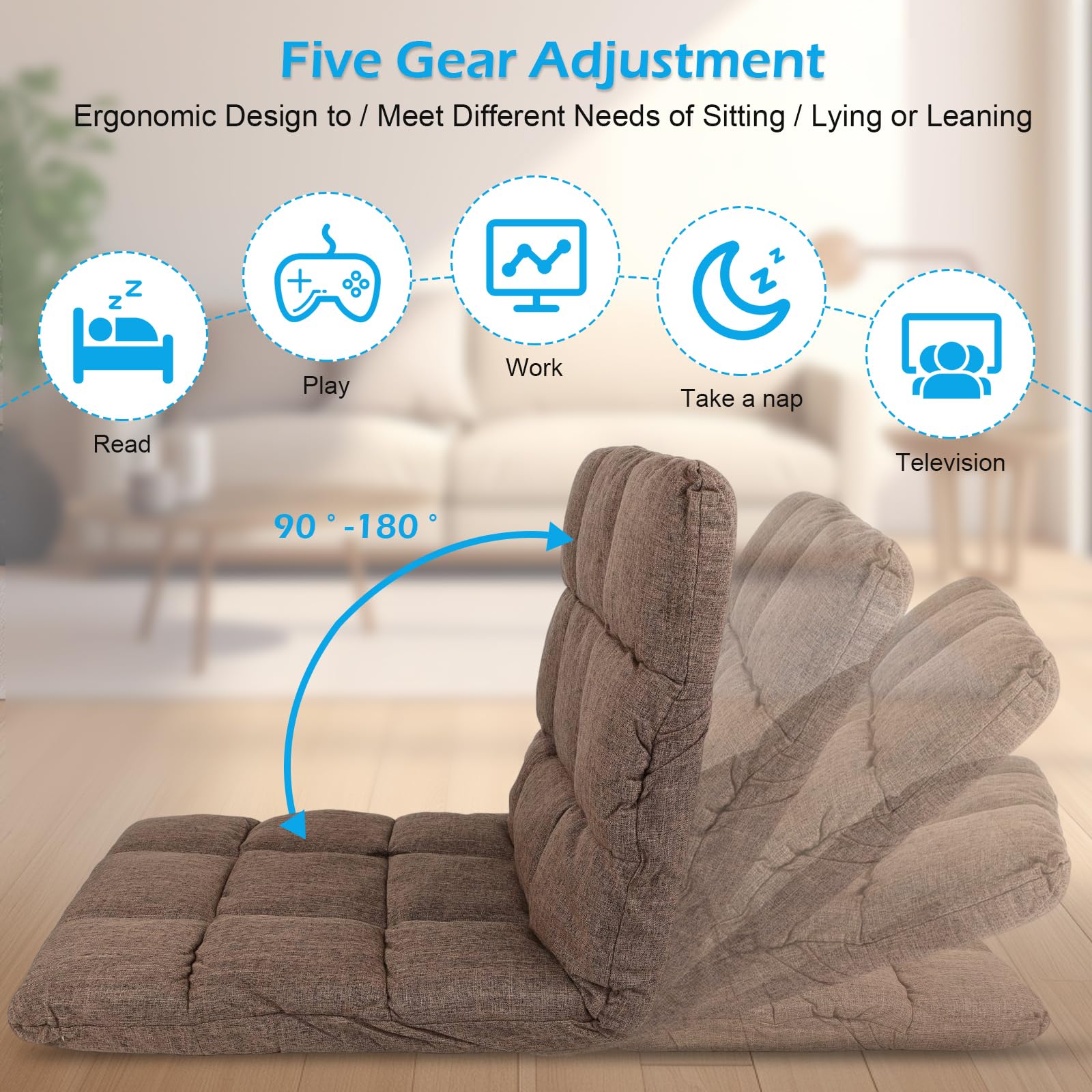 Silla plegable de suelo, sofá cama ajustable, silla acolchada portátil con soporte de respaldo para leer, descansar y jugar (marrón), NUM-TEL0977-1-UK-FBA-XBB