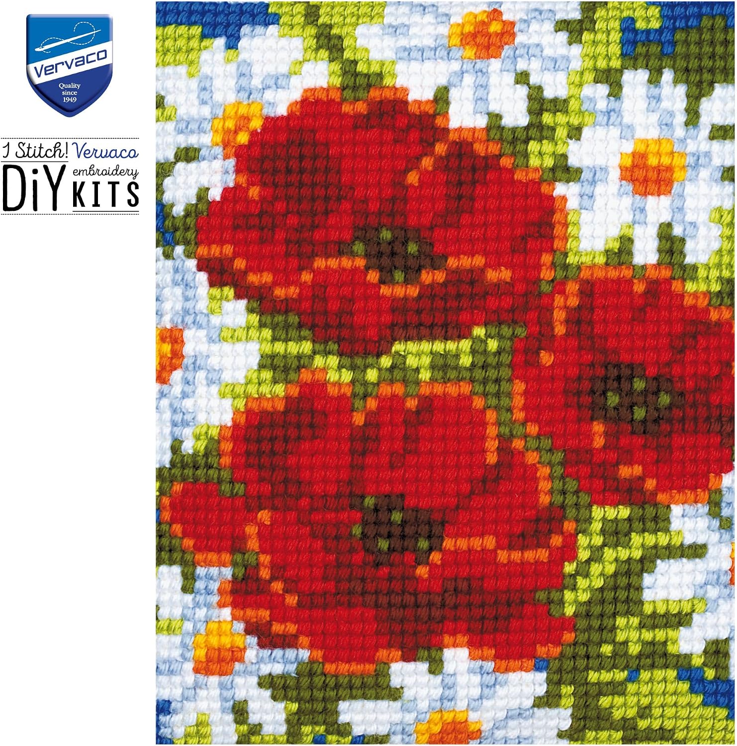 Vervaco Poppies in Blue Background Cross Stitch Cushion, Multi-Colour by Vervaco