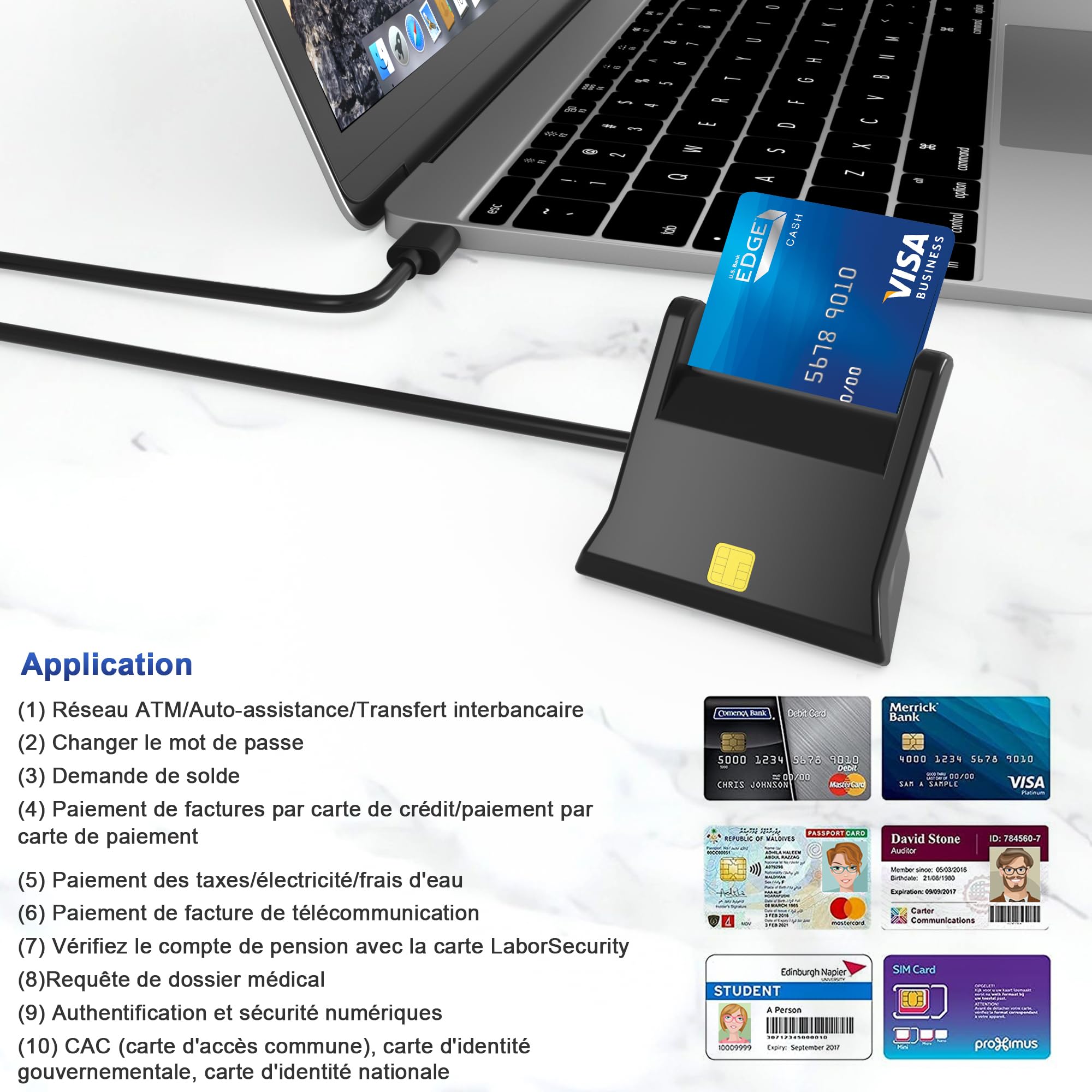 Lecteur Carte Identité Belge - ID Card Reader-Plug & Play-Conforme ISO 7816 Classe A,B,C, Câble de 50cm pour Identité Belge, Pas de Pilote nécessaire - LED de Contact