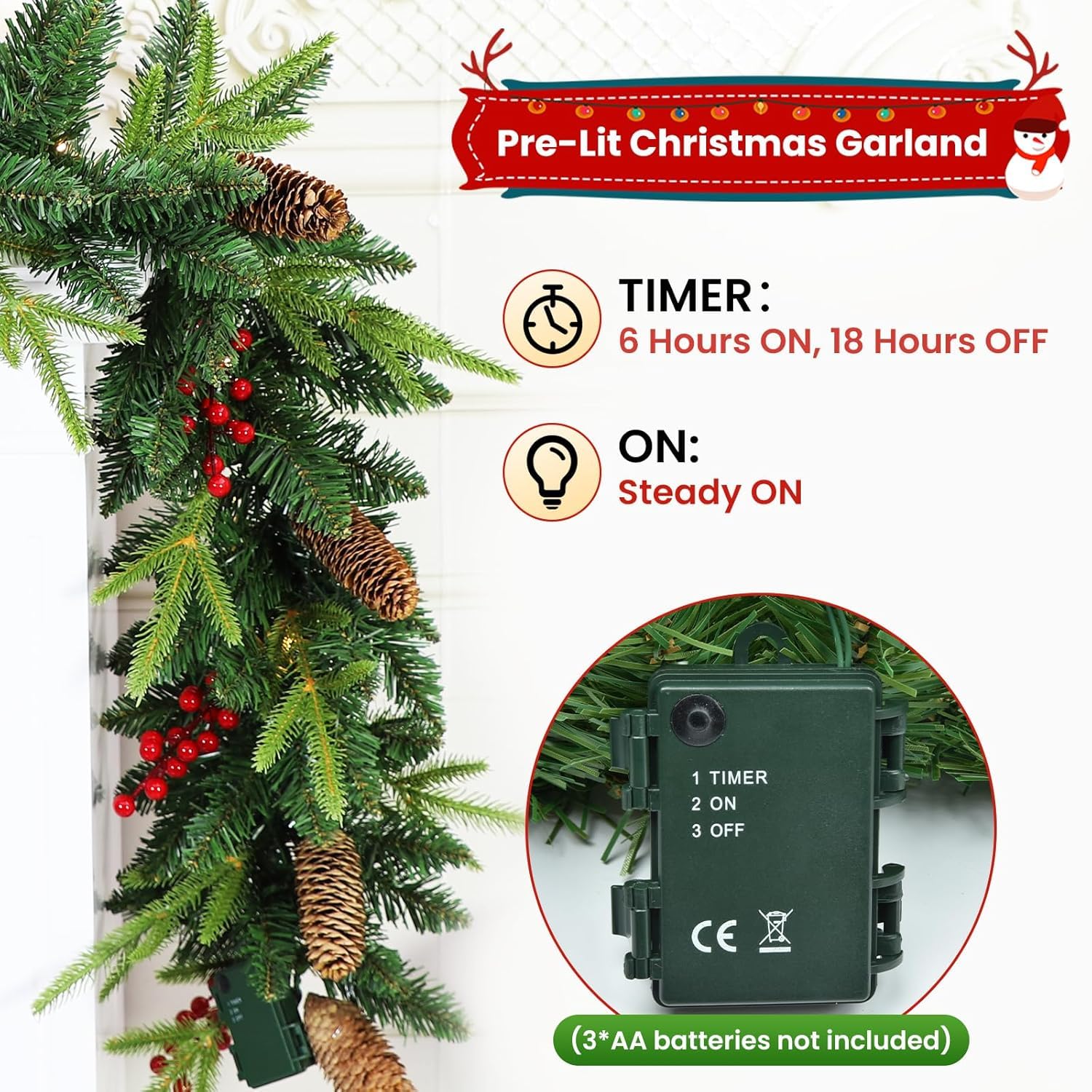 Guirlande de Noël 2,7 M, Rintea Guirlande Sapin Artificiel avec Lumières 30 LED, Étanche Couronne de Noel, Decoration de Noël pour Jardin Mur Cheminée Escalier Sapin de Noel