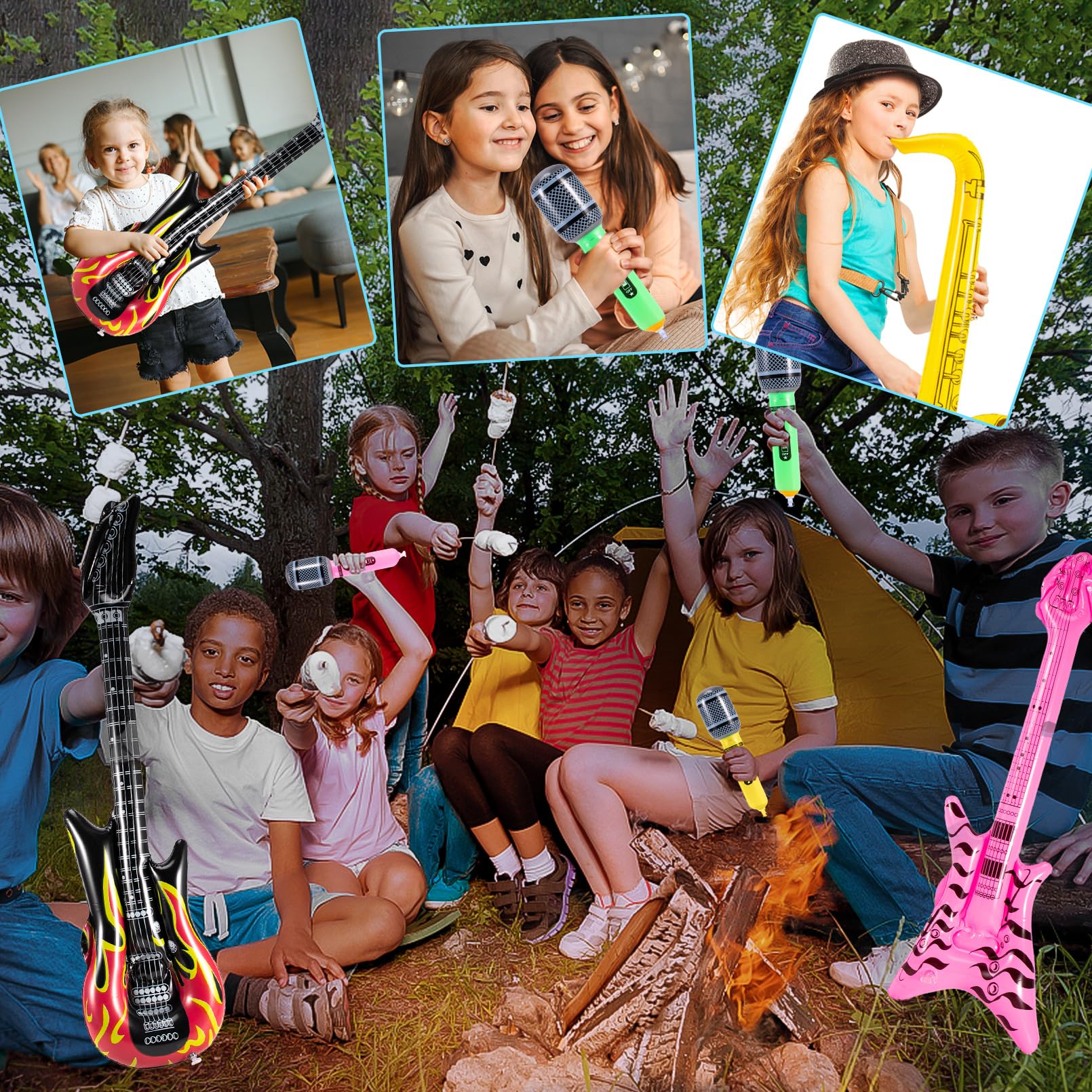 12 instrumentos inflables, juego de juguetes inflables de estrella de rock, guitarra inflable, saxofón inflable, micrófonos inflables, lute bajo, piano de teléfono, decoración de fiesta de los 6
