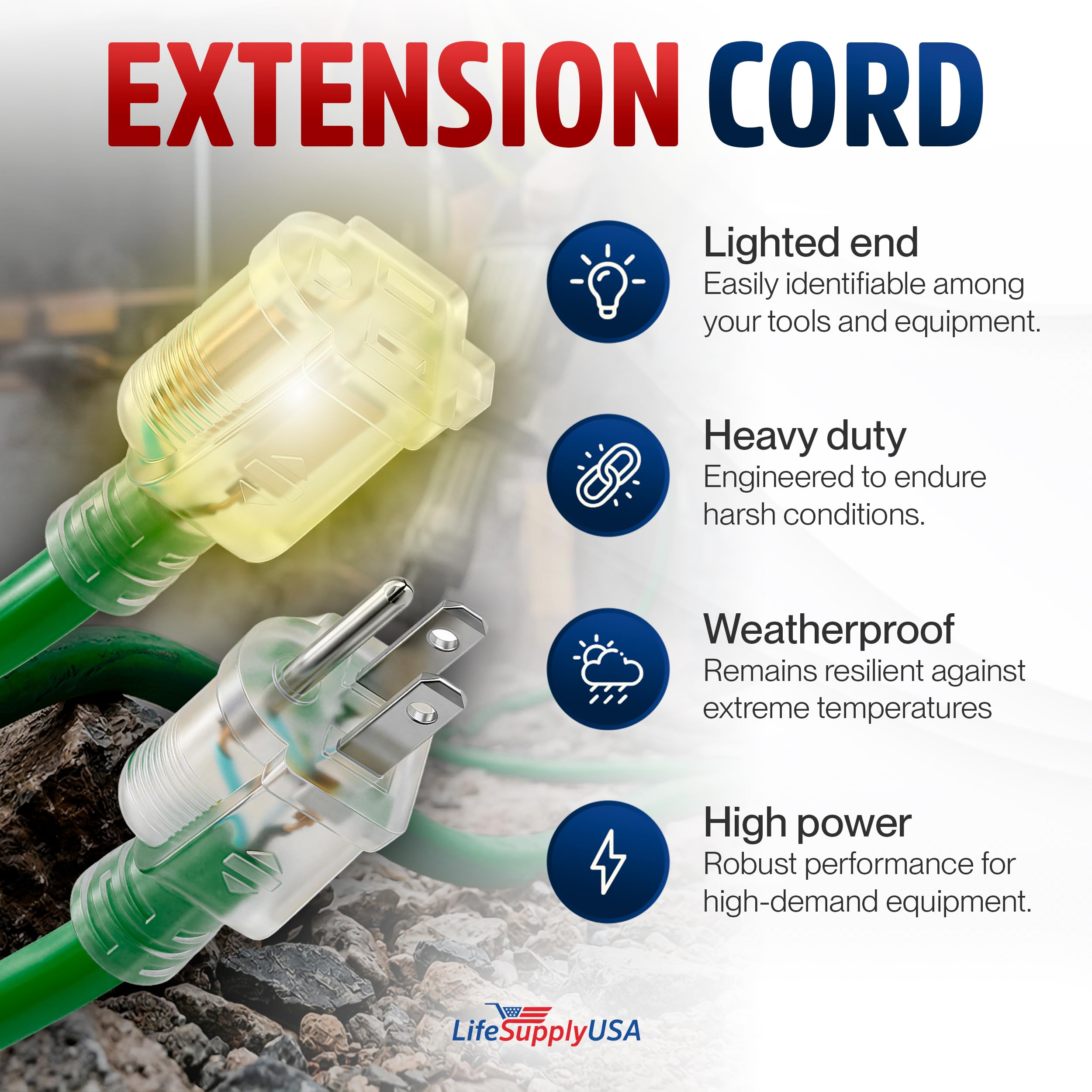 LifeSupplyUSA - Cable de Extensión Eléctrica Industrial 16/3 SJTW con Extremo Iluminado - Verde - Interior / Exterior Resistente, Extra Durabilidad, 13 A, 125 V, 1625 W, ETL