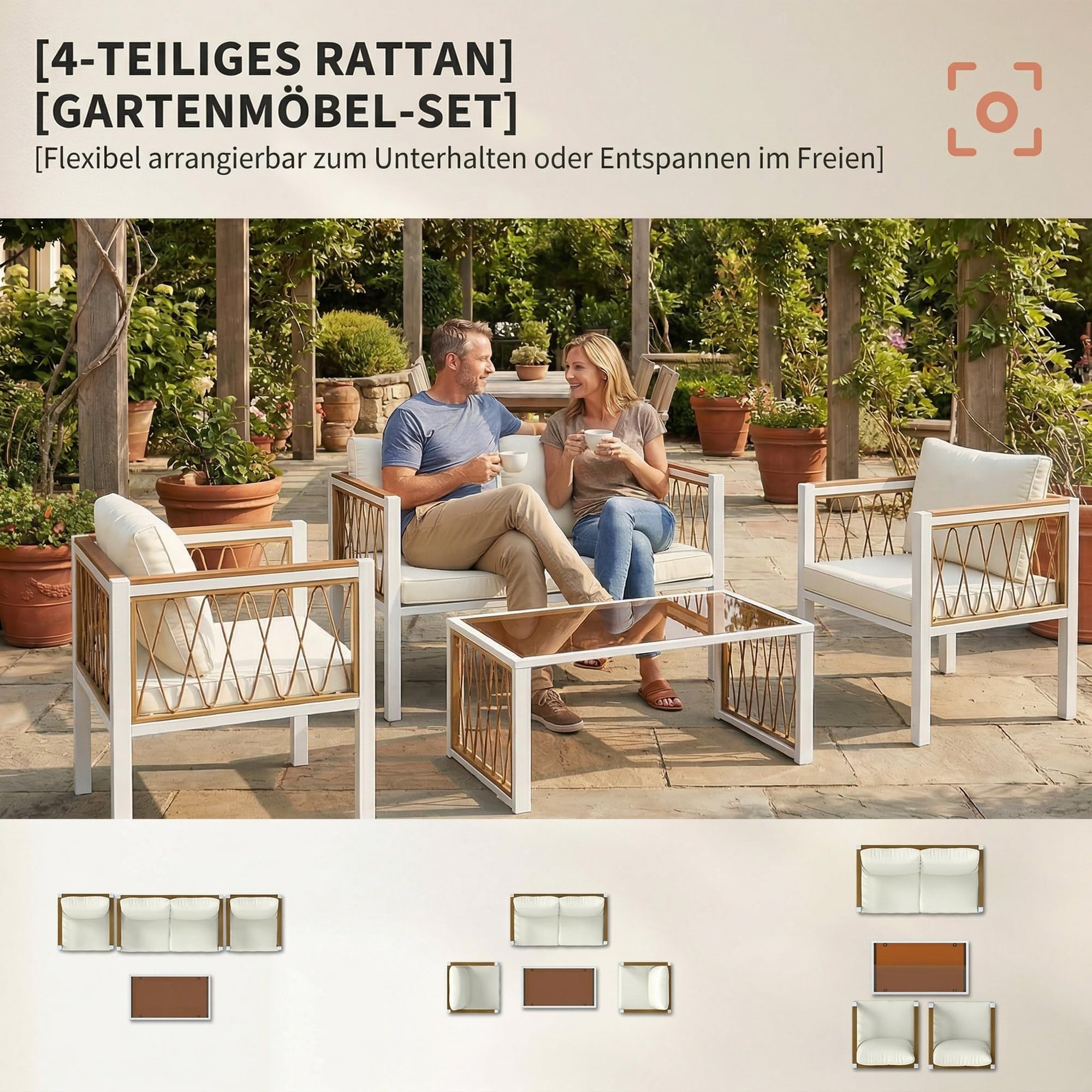 Outsunny Gartenmöbel Set 4-Teilig Polyrattan für 4 Personen Cremeweiß | Lounge-Set mit Zweisitzer, 2 Sessel, Glastisch, Abnehmbare Kissen, Rutschfeste Matte, Balkonmöbel Sitzgruppe