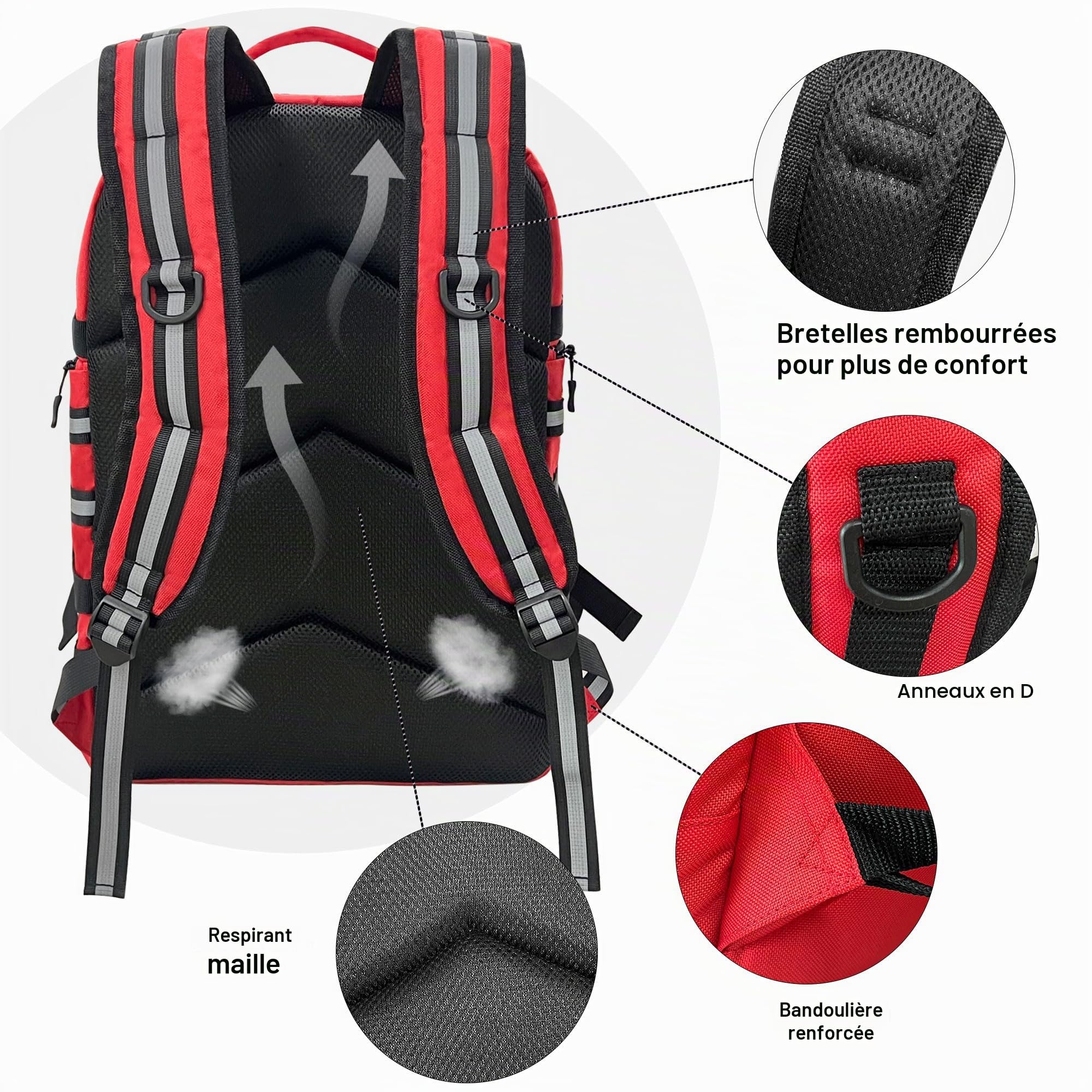 Sac à dos d'urgence médicale professionnel, Sac à dos de premiers secours trauma, vide, avec bandes réfléchissantes et base antidérapante, pour le camping, la randonnée (Rouge, Grand)
