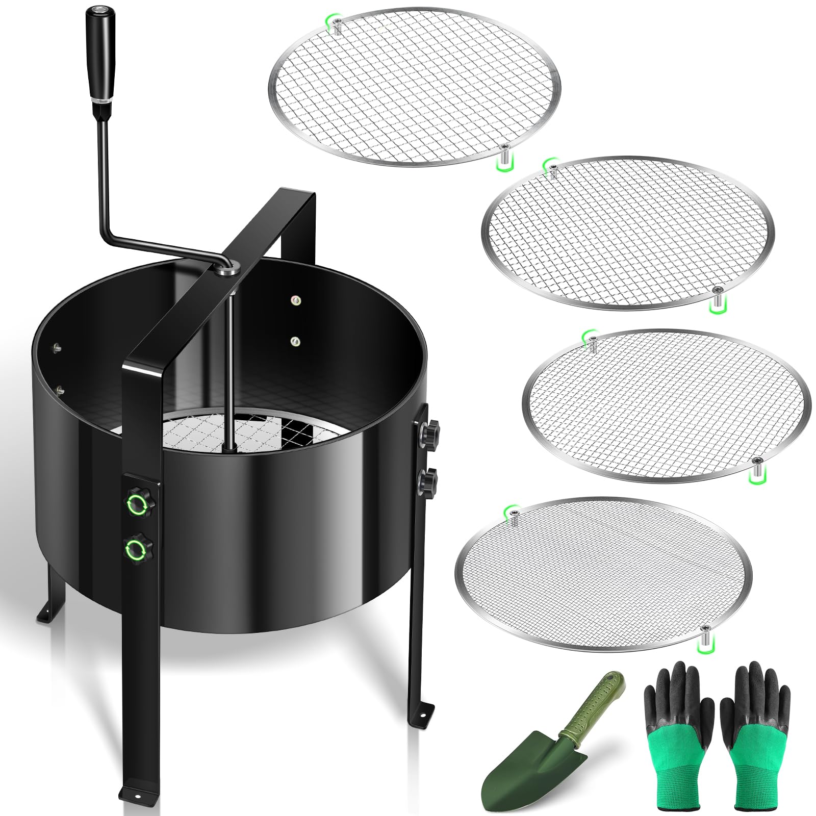 Upgrade Gartensieb Handkurbelsieb aus Metall Ø30cm mit 4 Sieben 3/6/9/12mm