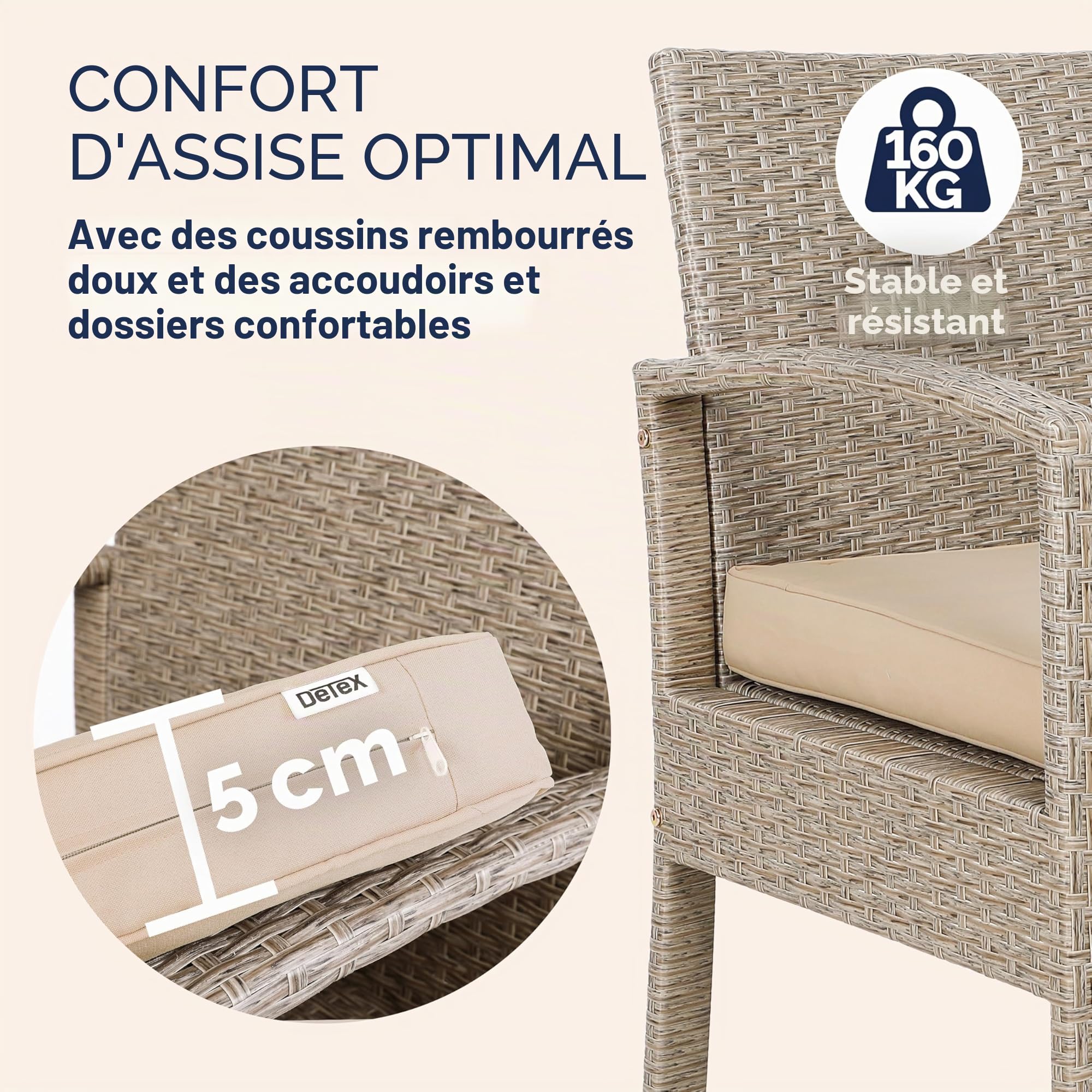 Casaria® Salon de Jardin en Polyrotin Crème 4 Personnes 2 chaises 1 Banc Meubles d'extérieur Jardin terrasse Balcon résistant intempéries