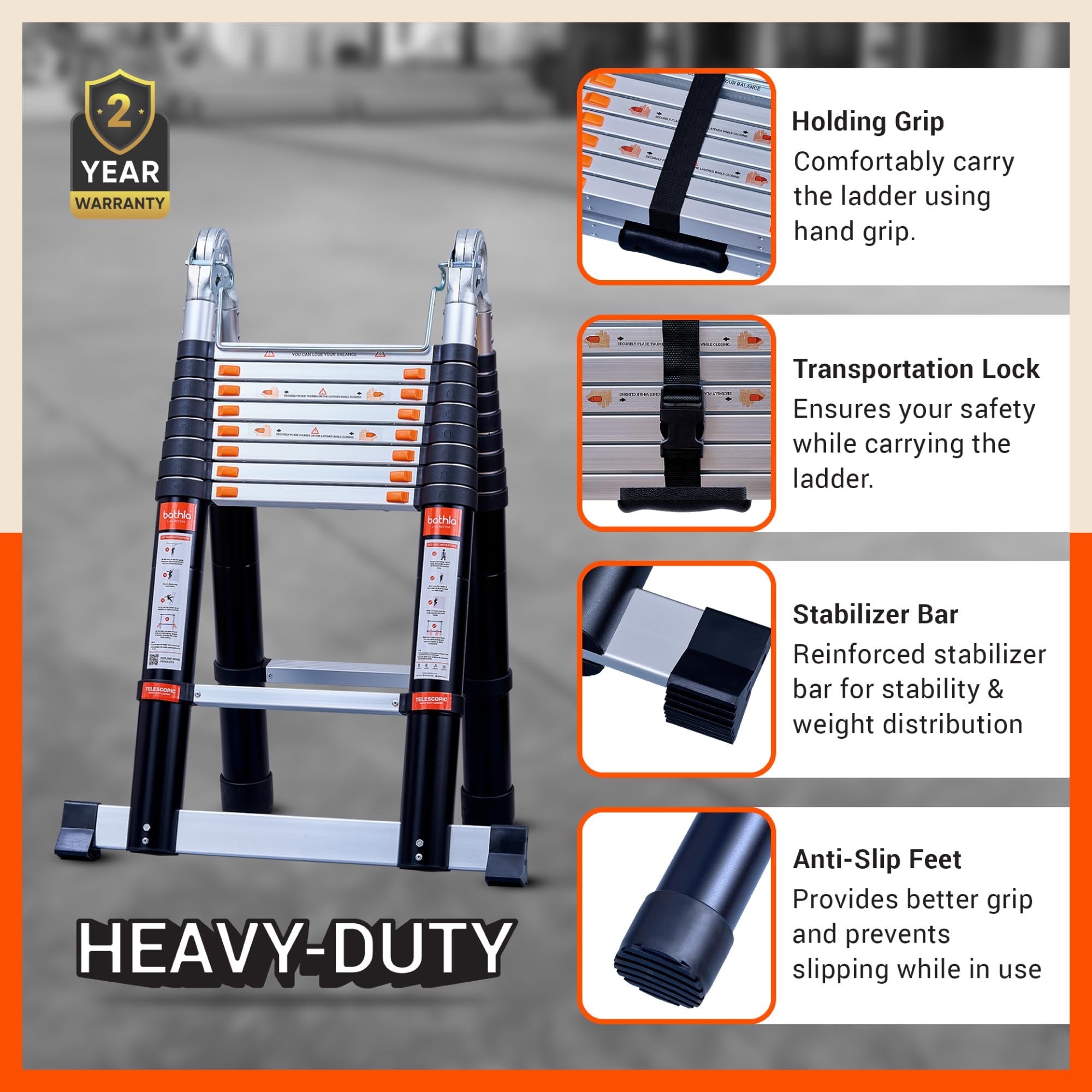 Bathla 20.5 ft A-Type Foldable Aluminium Telescopic Ladder with 18 Steps | Portable & Compact | 2-Year Warranty | Multi-Purpose Ladder for Home, Industrial & Outdoor Use — Amazon image 5