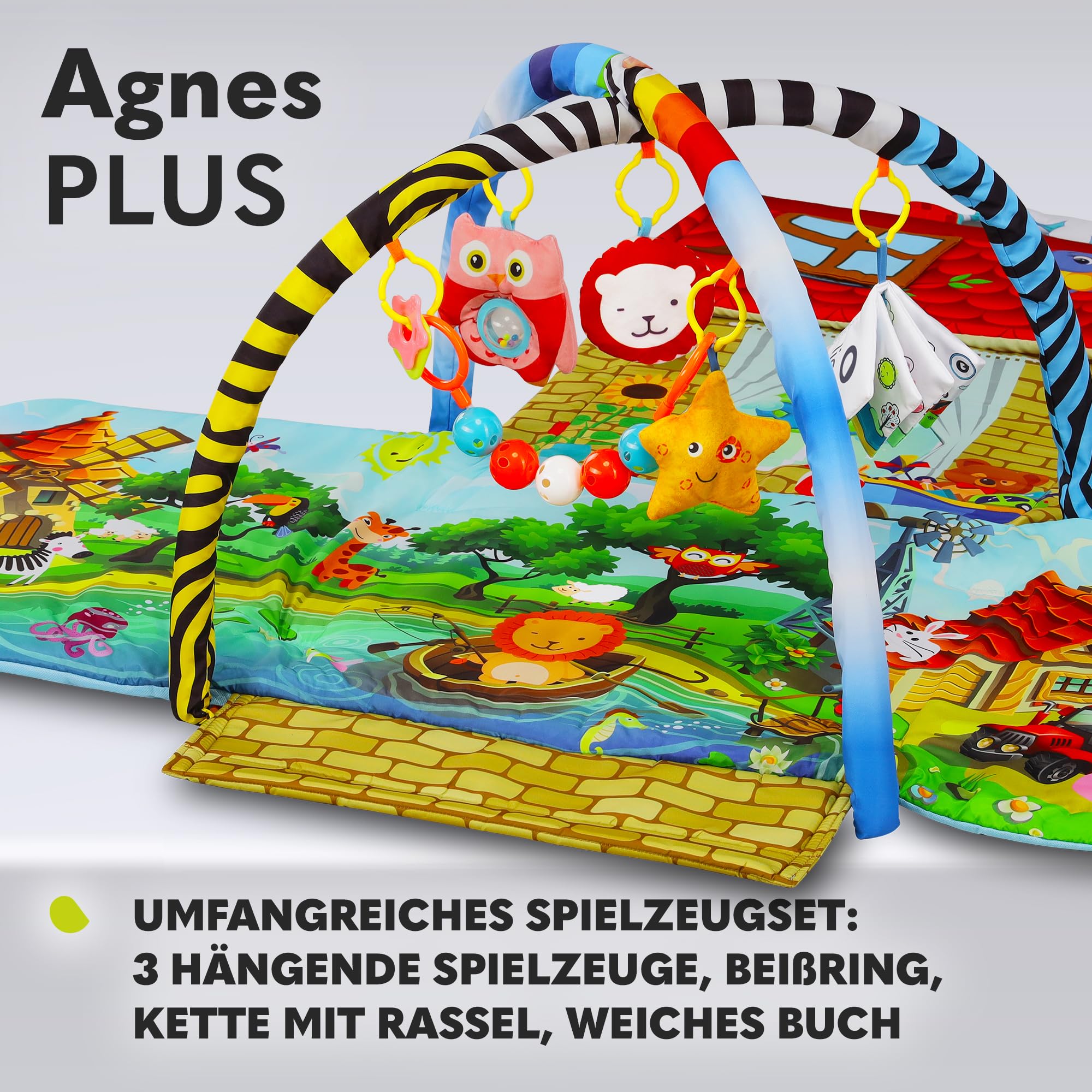 Lionelo Agnes Plus 2in1 Krabbeldecke für Baby, Spielmatte Baby, 2 Spielbögen, Spielhaus, Stoffbuch, Spielzeuge Bunte, Rasselkette, verstärkter Boden, kontrastreiche Farben