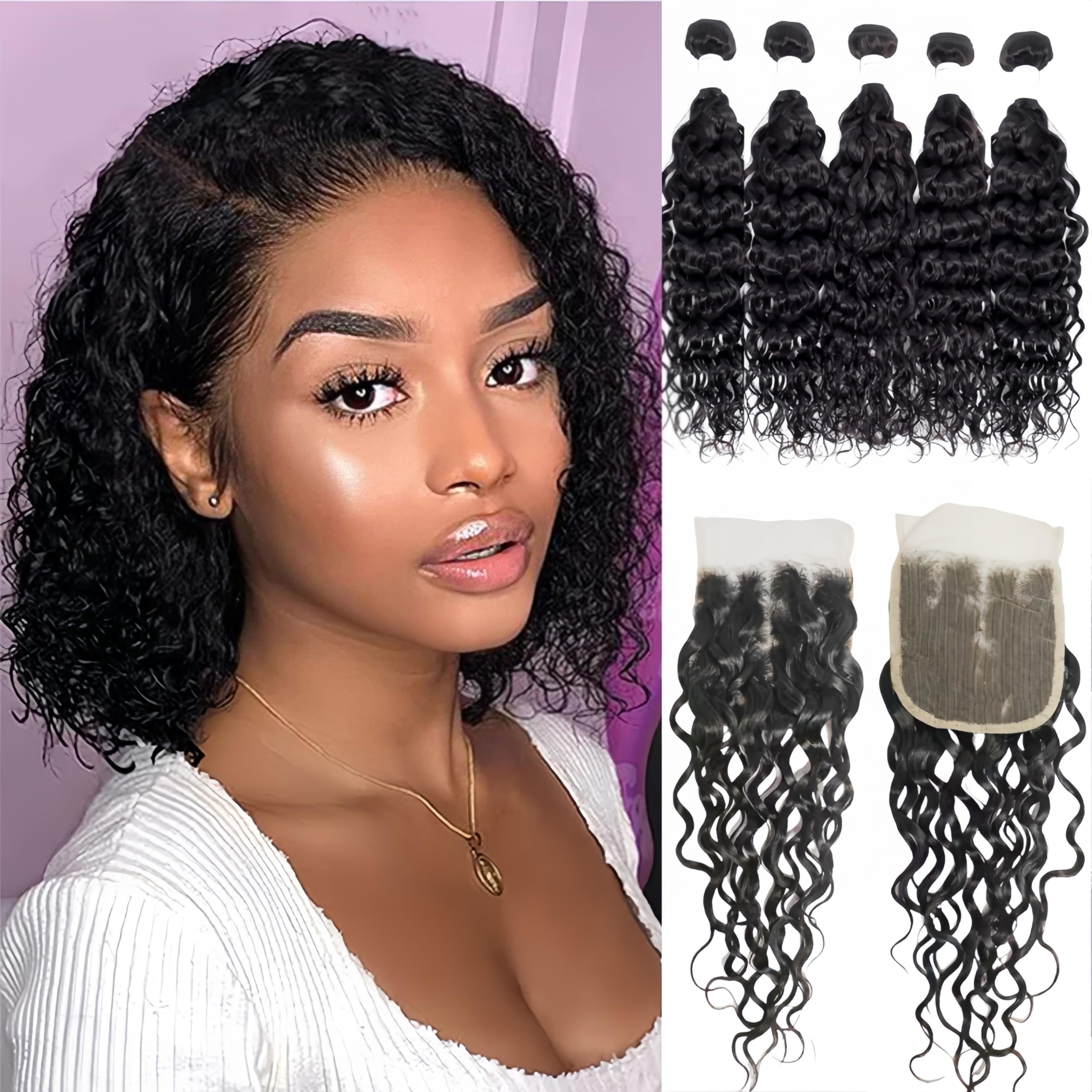 Brazilian Human Hair Water Wave Bundles with 4x4 Lace Closure 50g Amazon.com : Foruiya Water Wave 4Bundles(50g/bundle) with  main image 4