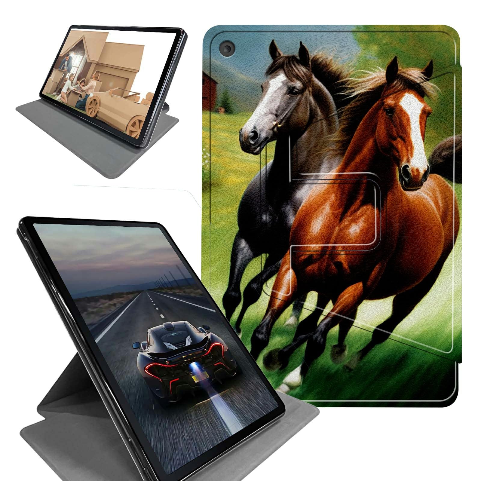 for Kindle Fire HD 8 Tablet (8th/7th/6th Generation, 2018/2017/2016 Release) Tablet Case-360 Rotating Stand Folding Protective Cover with Auto Sleep/Wake,Running Horse