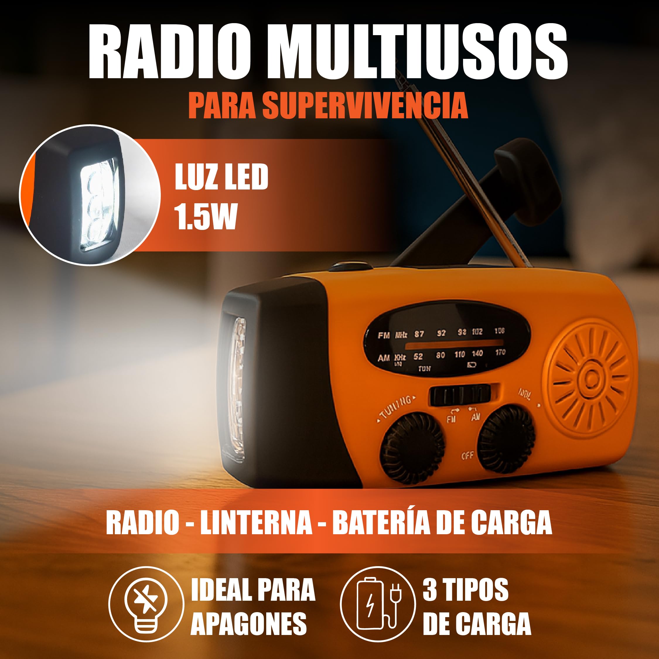 Radio Solar de Emergencia con Manivela, Linterna LED, Power Bank USB, Radio Am/FM Recargable, Dinamo Portátil para Camping, Supervivencia, SOS + Tarjeta Multiherramienta