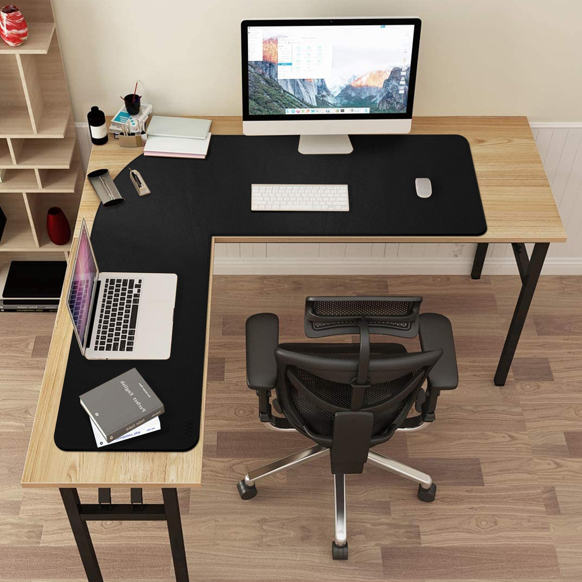 Vyaaa Tapis de bureau d'angle, (100 cm + 100 cm) x 33 cm Tapis de bureau en cuir PU en forme de L, Tapis de bureau d'angle réversible en forme de L, Tapis de souris de jeu XL pour ordinateur, jeux