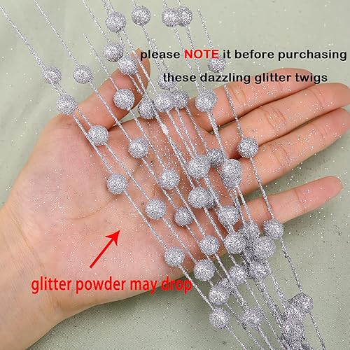 Miniatura 3 de Paquete de 10 tallos de bayas artificiales plateadas con purpurina de 15.7 pulgadas, púas de Navidad falsas, palitos decorativos con purpurina para