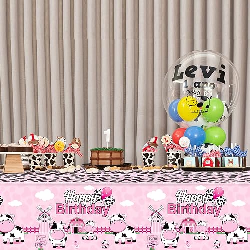 Miniatura 7 de Tiamon Mantel de 3 piezas de decoración de fiesta de cumpleaños de vaca de 108 x 54 pulgadas, funda de plástico con estampado de vaca rosa, manteles