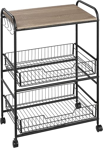 HOMCOM Carrito rodante de 3 niveles, carrito de cocina delgado con ruedas, 2 cestas deslizantes, carrito de microondas con ganchos laterales para