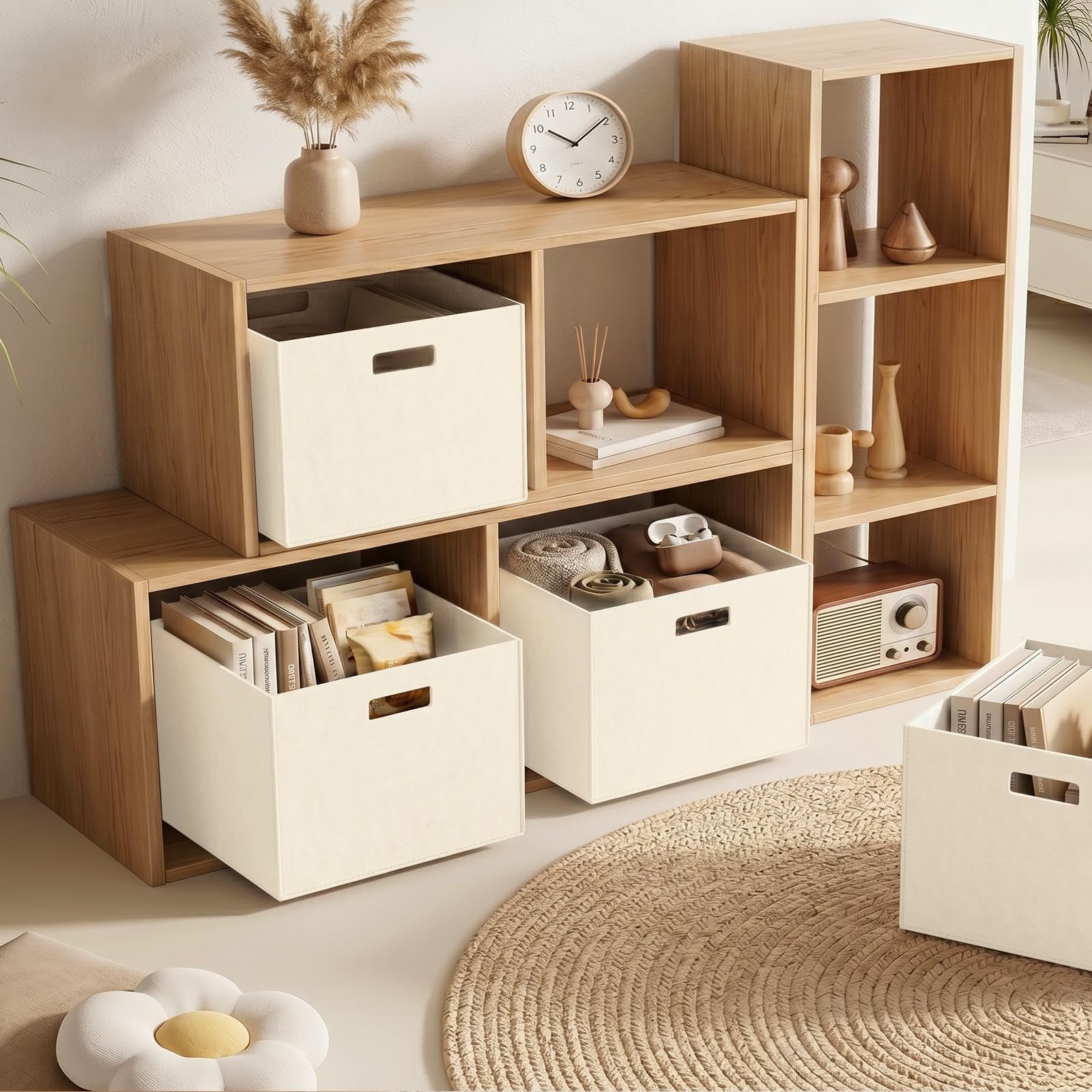 Filz-Aufbewahrungsbox 3er-Set 38x33x38 cm – Faltbare Regalbox, stabiler Organizer-Korb für Regale, Schränke & Wohnzimmer, vielseitige Aufbewahrung für Bücher, Kleidung (Weiß, L)