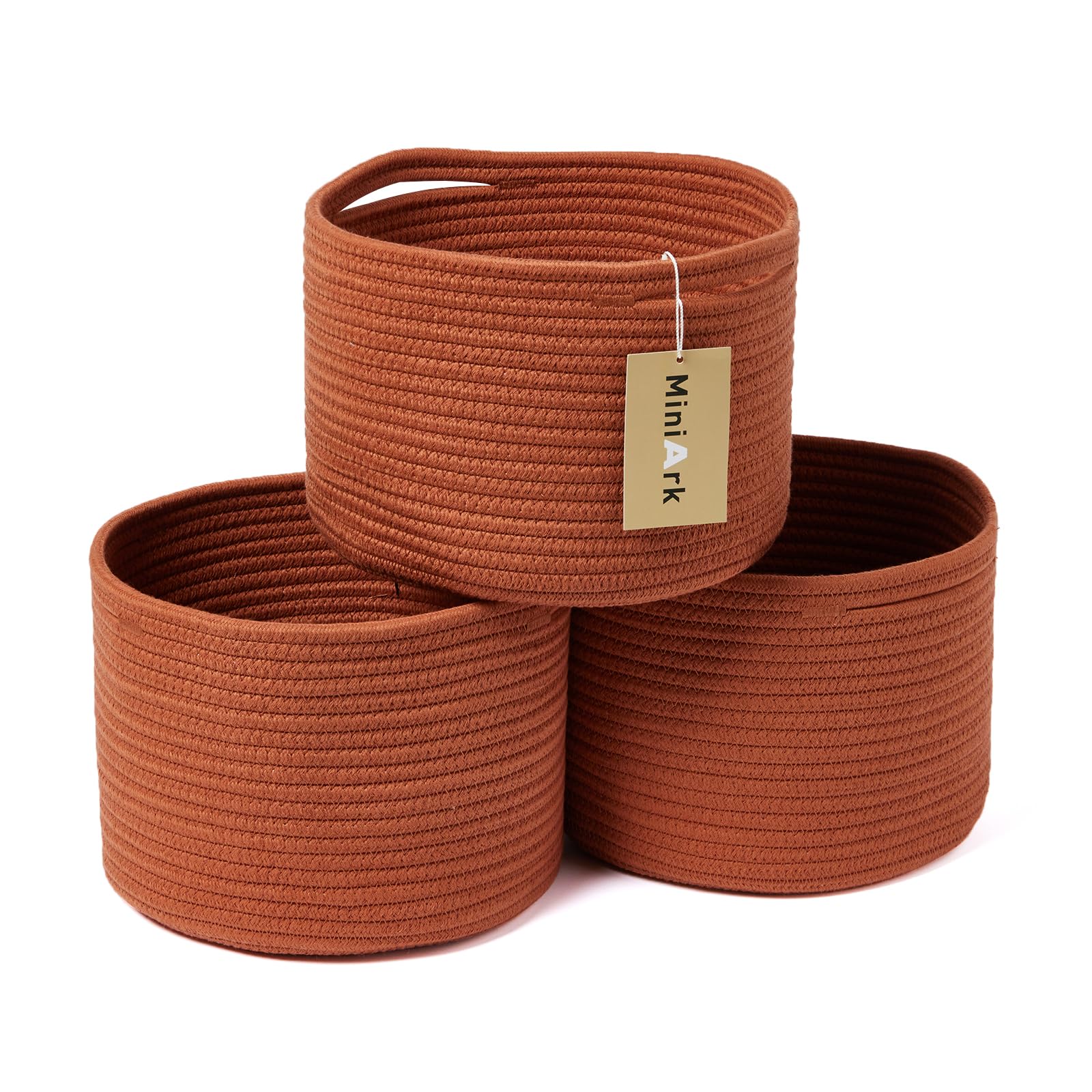 MiniArk Small Storage Basket for Organizing | 9.7×9.7×7.1” Small Basket | Cotton Rope Baskets Bins | Woven Baskets | Baskets for Shelves | Cube Shelf Closet Storage Baskets | Round 3 Packs Oxide Red