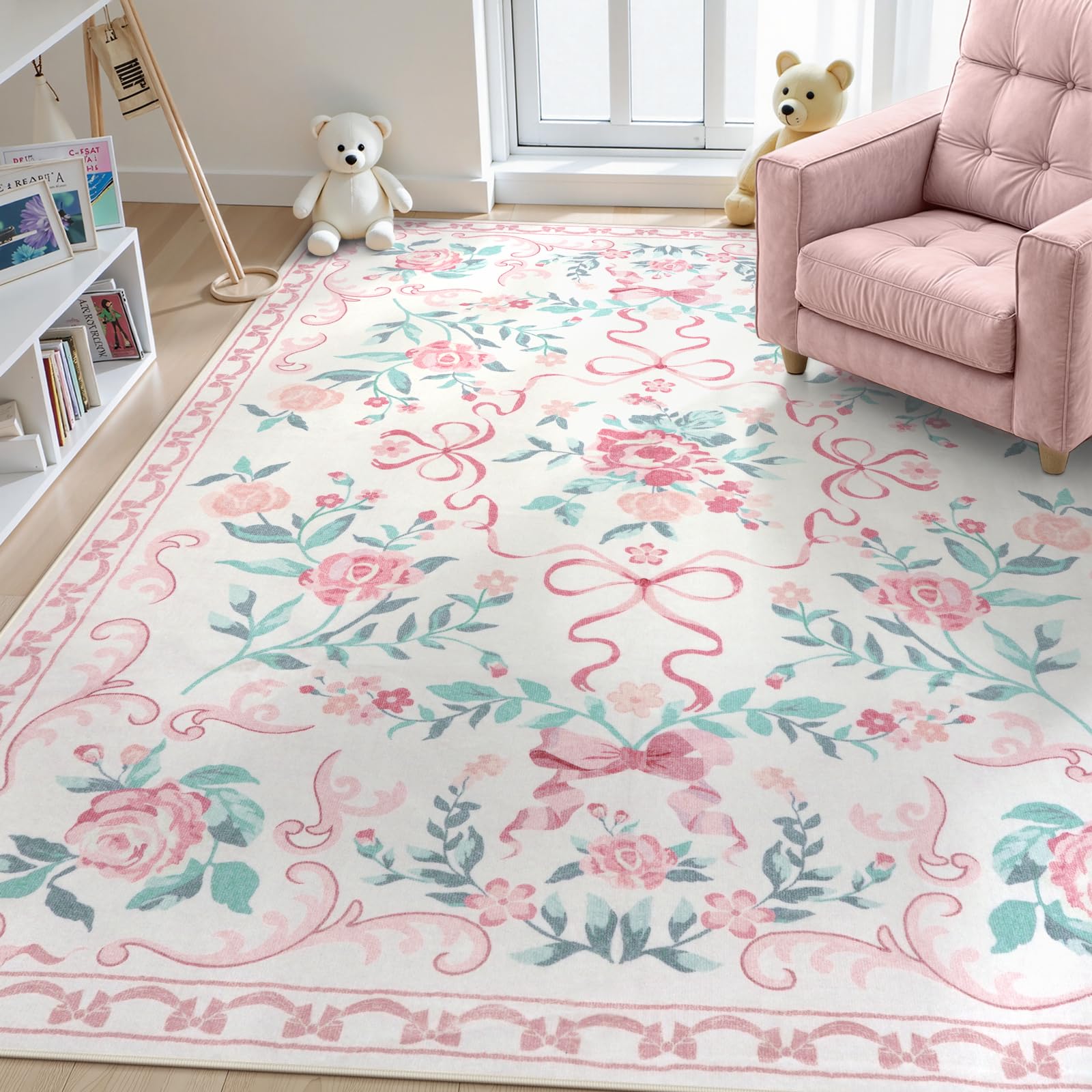 Photo 1 of Collive 6x9 Pink Area Rug, Boho Bow and Floral Rugs for Living Room Machine Washable, Soft Ultra-Thin Bow Carpet Non Slip for Girls Room Bedroom Entryway Playroom