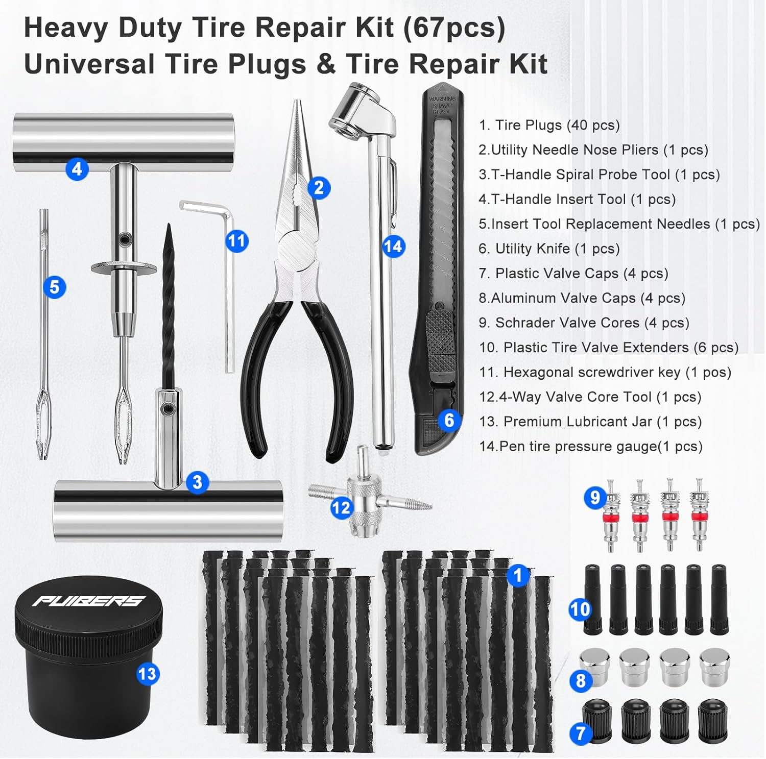 Heavy Duty Tire Plug Kit - 67 Pcs Professional Tire Repair Kit with Plugs for Car, Truck, SUV, Motorcycle, Semi Truck, Tractor, RV & ATV - Tire Repair Tools to Fix Punctures