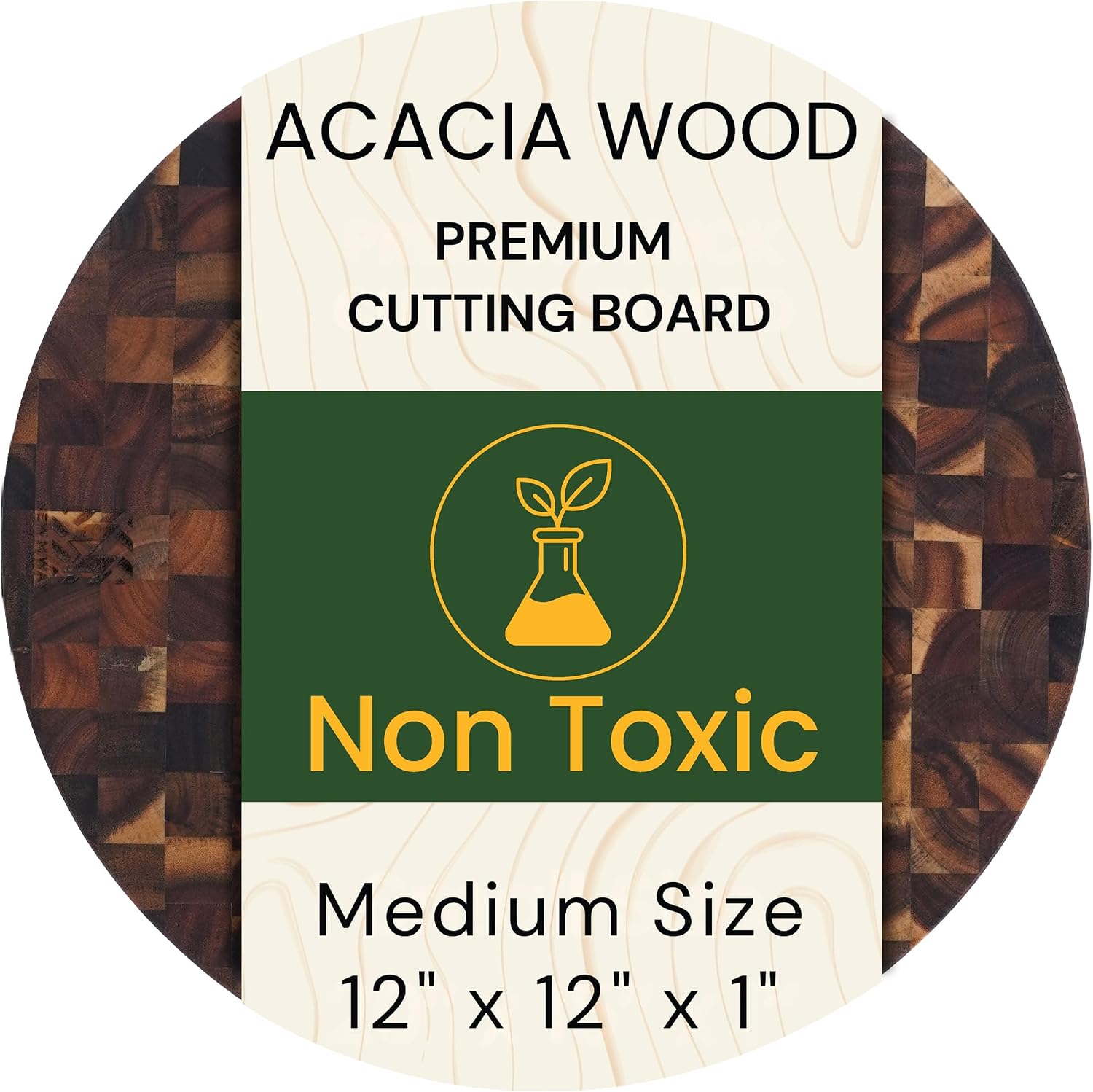 Premium Acacia Wood End Grain Round Cutting Board 12" x 12" x 1" Thick Butcher Block for Pizza, Meat & Charcuterie, Solid Non-toxic Wood Cutting Board with Handle by New M Way