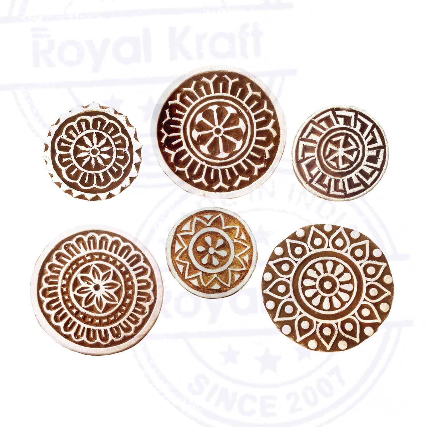 Paper Printing Stamps Attractive Floral Round Design Wood Blocks (Set of 6)