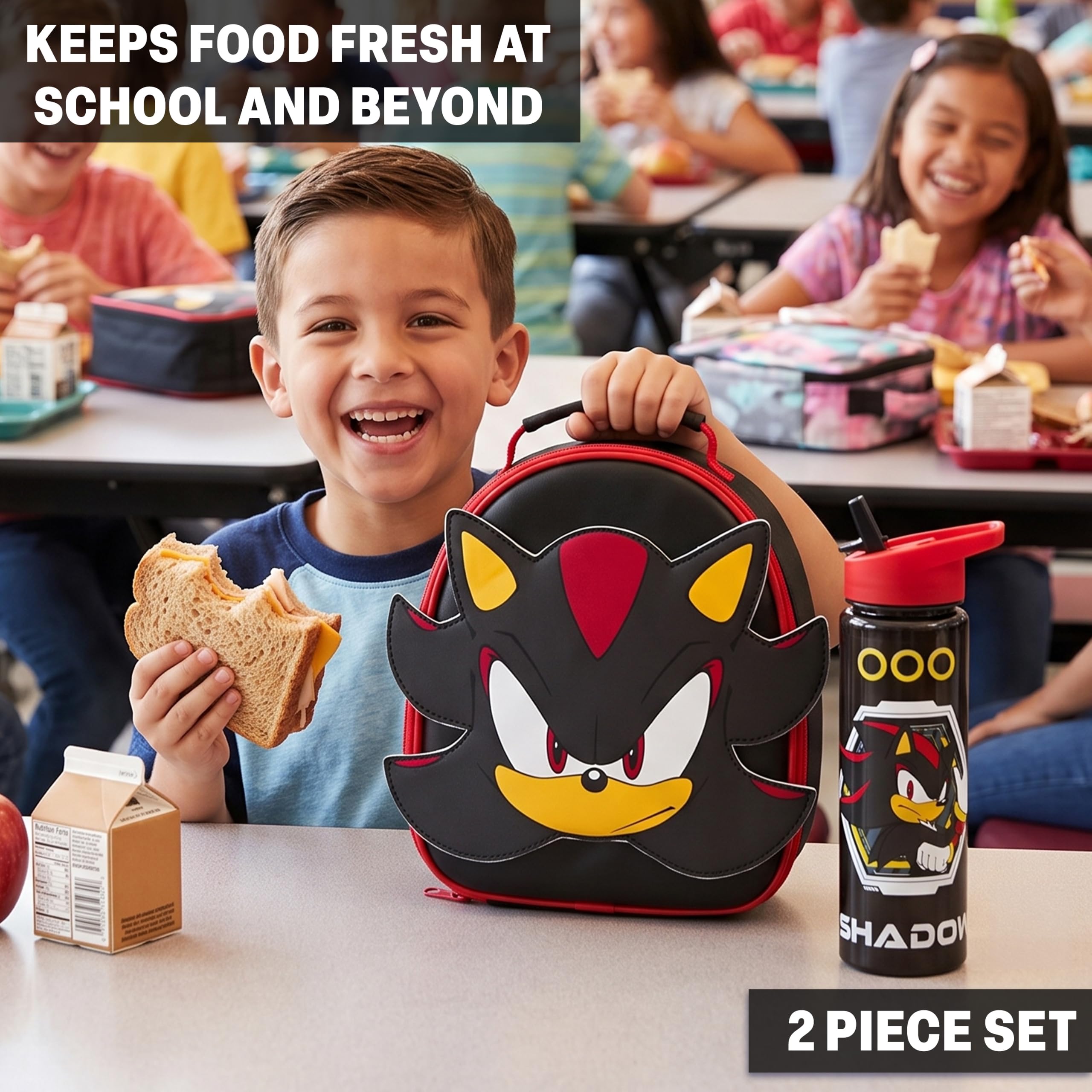 Sonic the Hedgehog 3D Sac Isotherme Repas et Gourde Enfant Set, Shadow Lunch Bag Isotherme avec Fermeture Éclair et Sans BPA Gourde Air Up, École ou Pique Nique, Cadeau Enfant (Noir/Rouge Shadow)