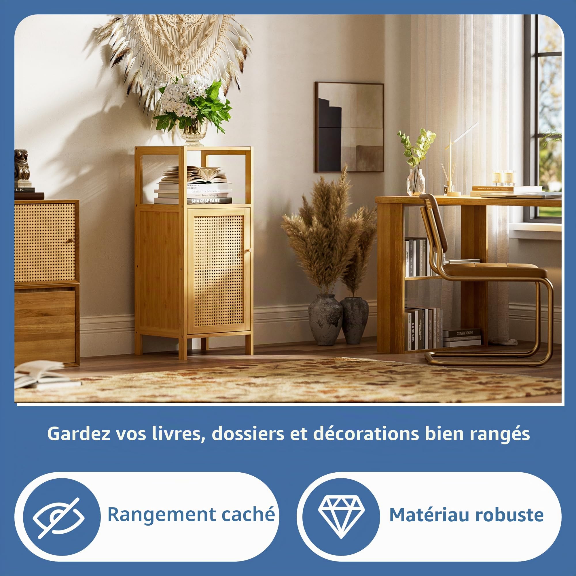HITNET Armoire de Rangement en Rotin, Petit Meuble de Salle de Bain avec Porte, Armoire sur Pied en Bambou, Organisateur latéral étroit autoportant pour Salon, Cuisine, entrée, Naturel