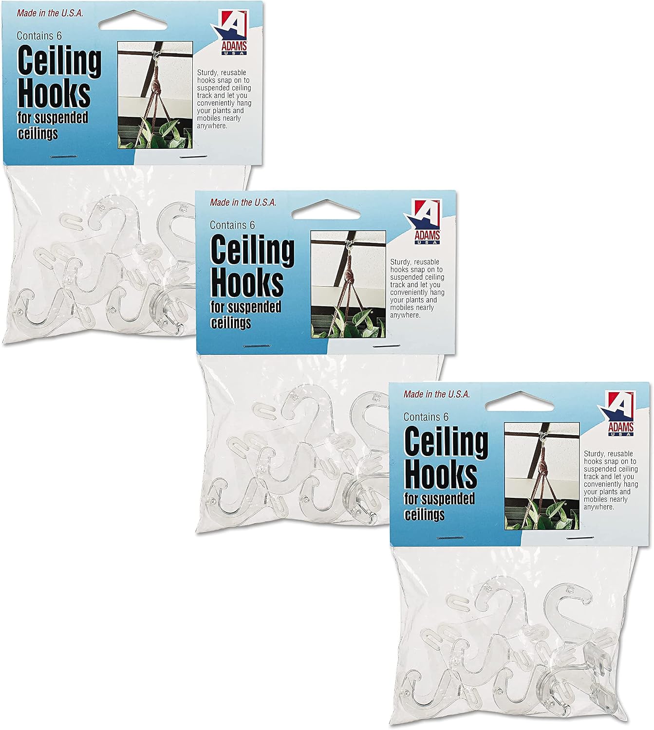 Free Shipping 🛒 Adams 5/16 x 3/4 x 1-3/8 Inches Clear Plastic Ceiling Hooks, 6 per Pack (ADM1900993241) (3-Pack)