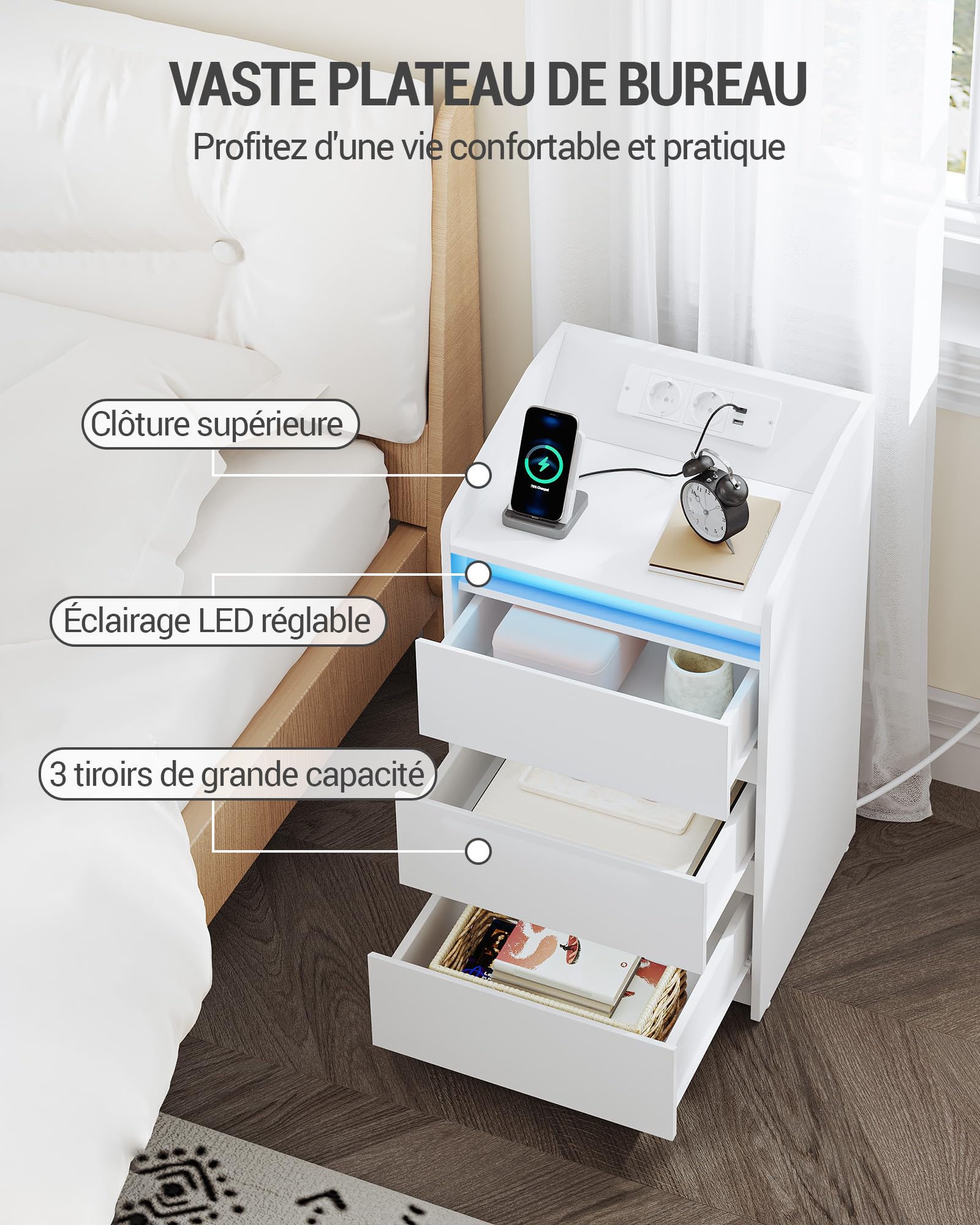 Hzuaneri Table de Chevet avec 3 Tiroirs, Table d'Appoint avec Station de Charge et LED, 2 Prises CA et 2 Ports USB pour Chambre à Coucher, Salon, Blanc NS40003X